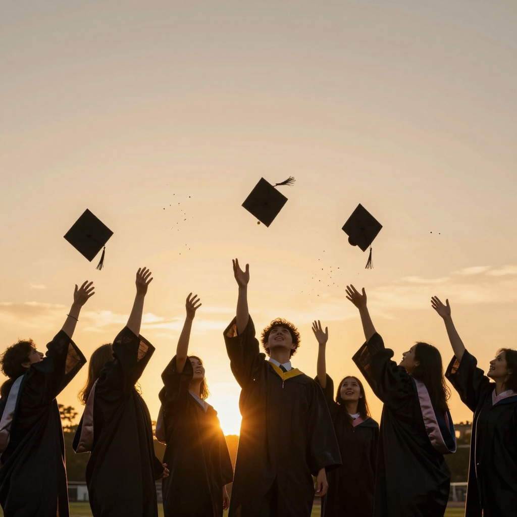 Example: A joyful graduation cap toss silhouetted against a golden sunset sky, graduates