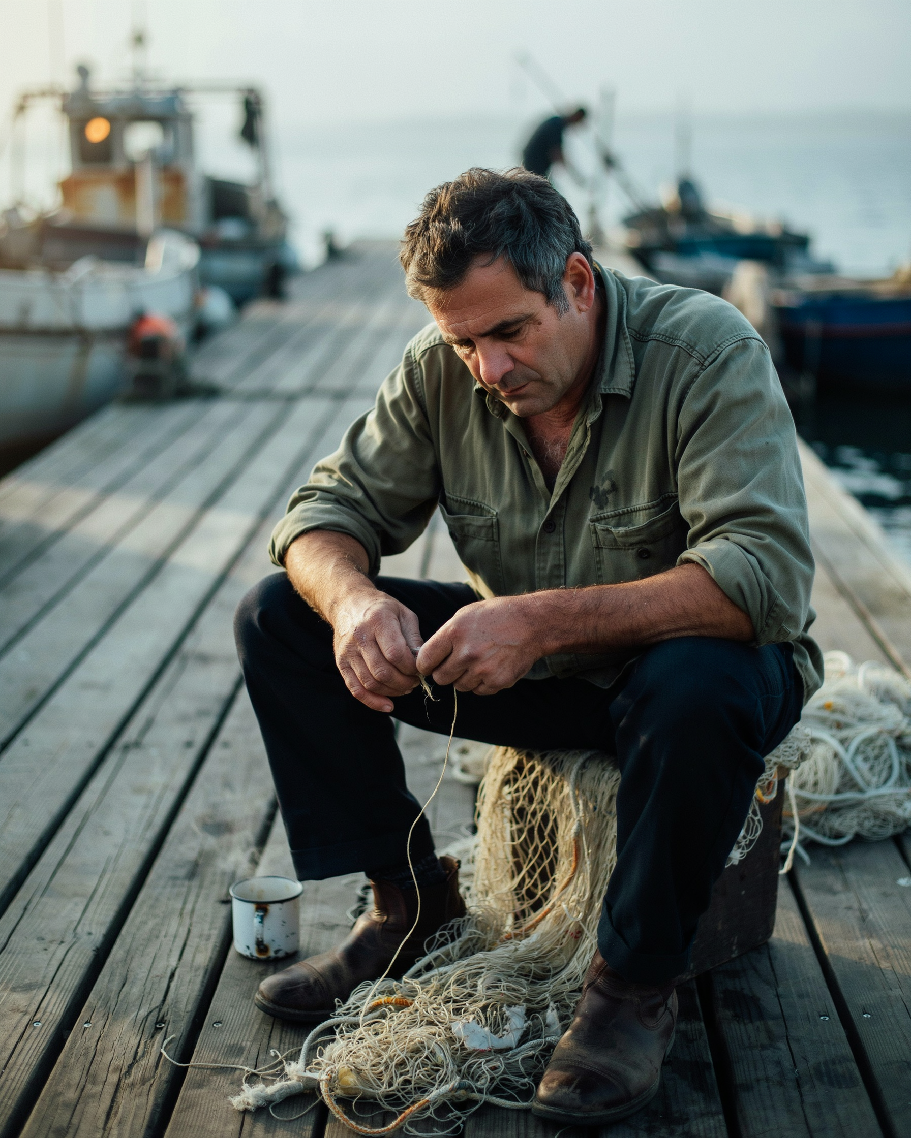 Example: Portrait of a middle-aged fisherman mending a net at golden hour, weathered hand