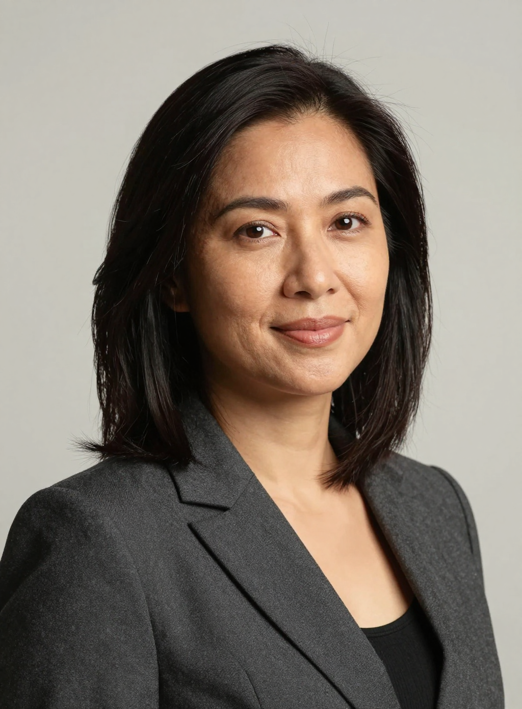 Example: Professional LinkedIn headshot of a woman in her 30s with shoulder length dark h