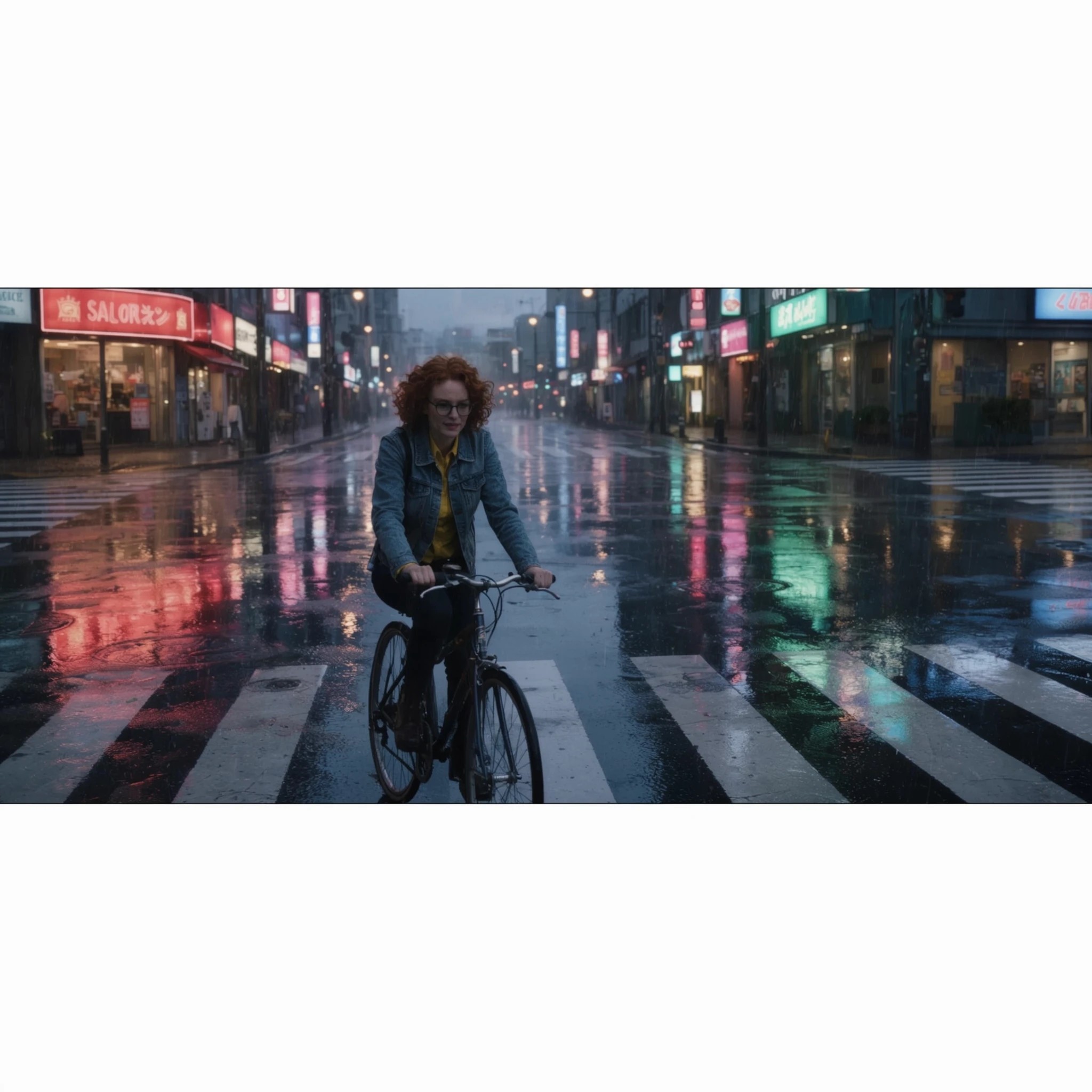 Example: Place this exact woman on a bicycle crossing a rainy city crosswalk at dusk, neo