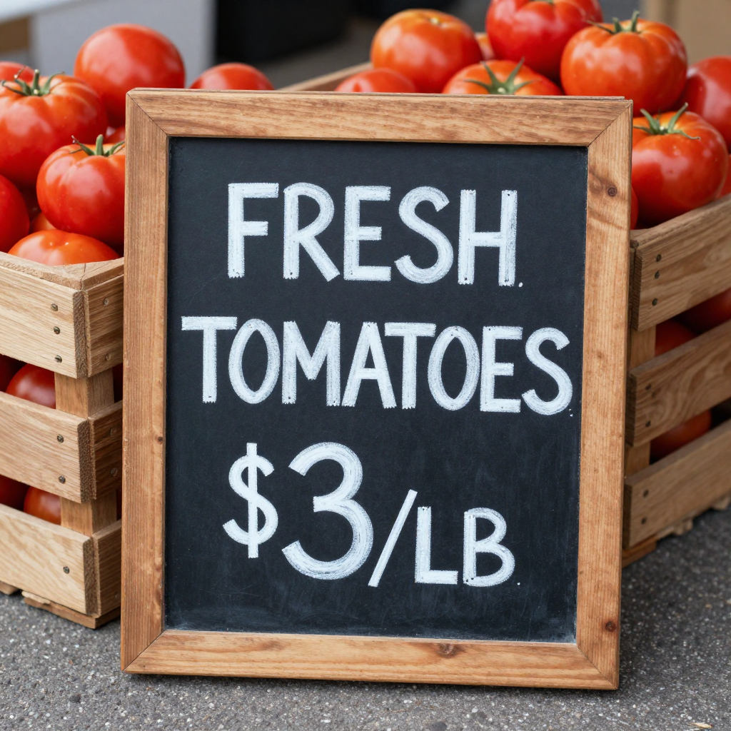 Example: A hand painted wooden farmers market sign reading FRESH TOMATOES $3/LB propped a