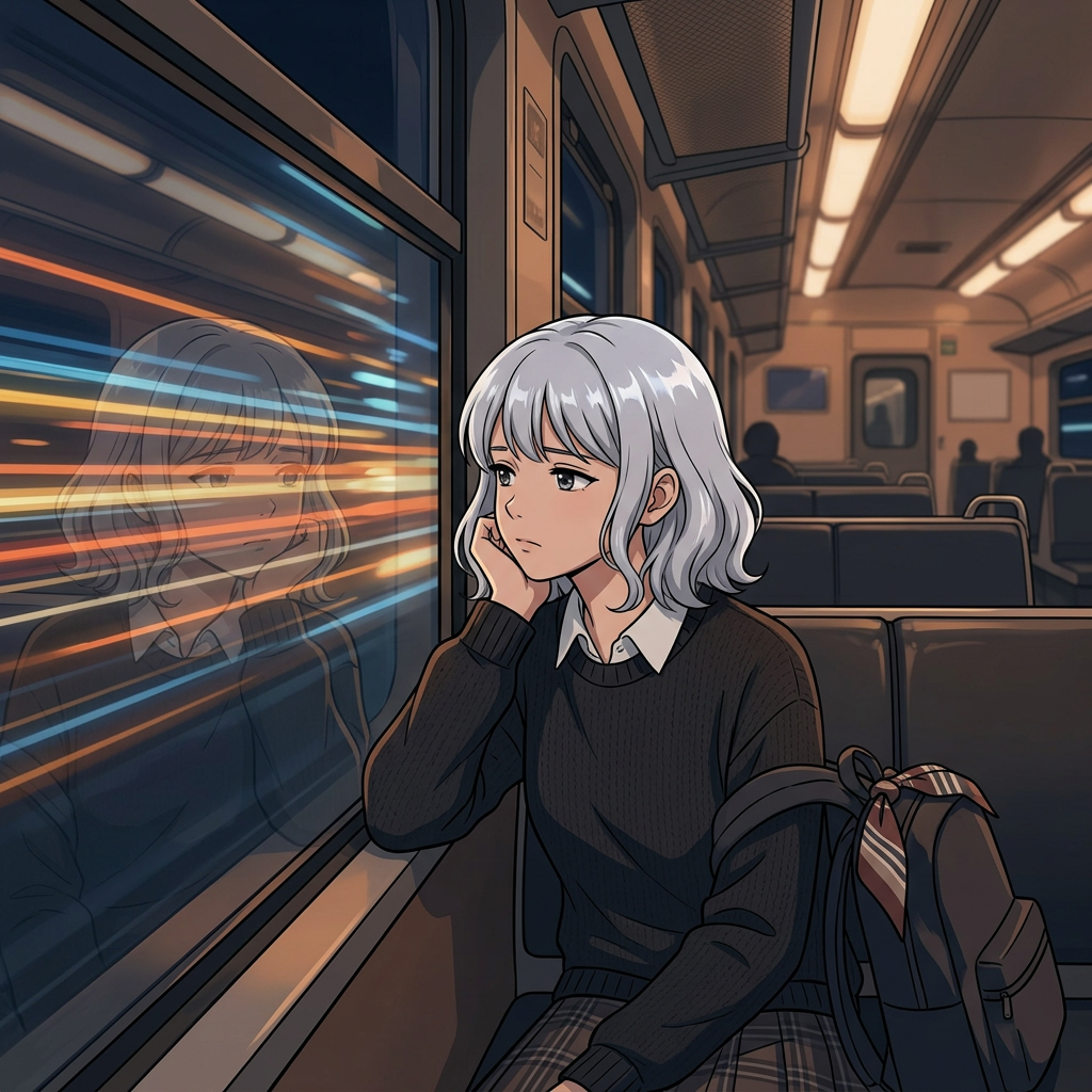 Example: An anime girl with silver hair rides a night train, city lights streaking past t