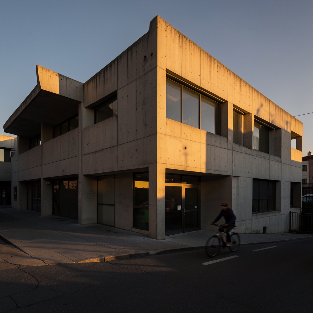 Example: Brutalist concrete library at golden hour, long dramatic shadows, a cyclist pass