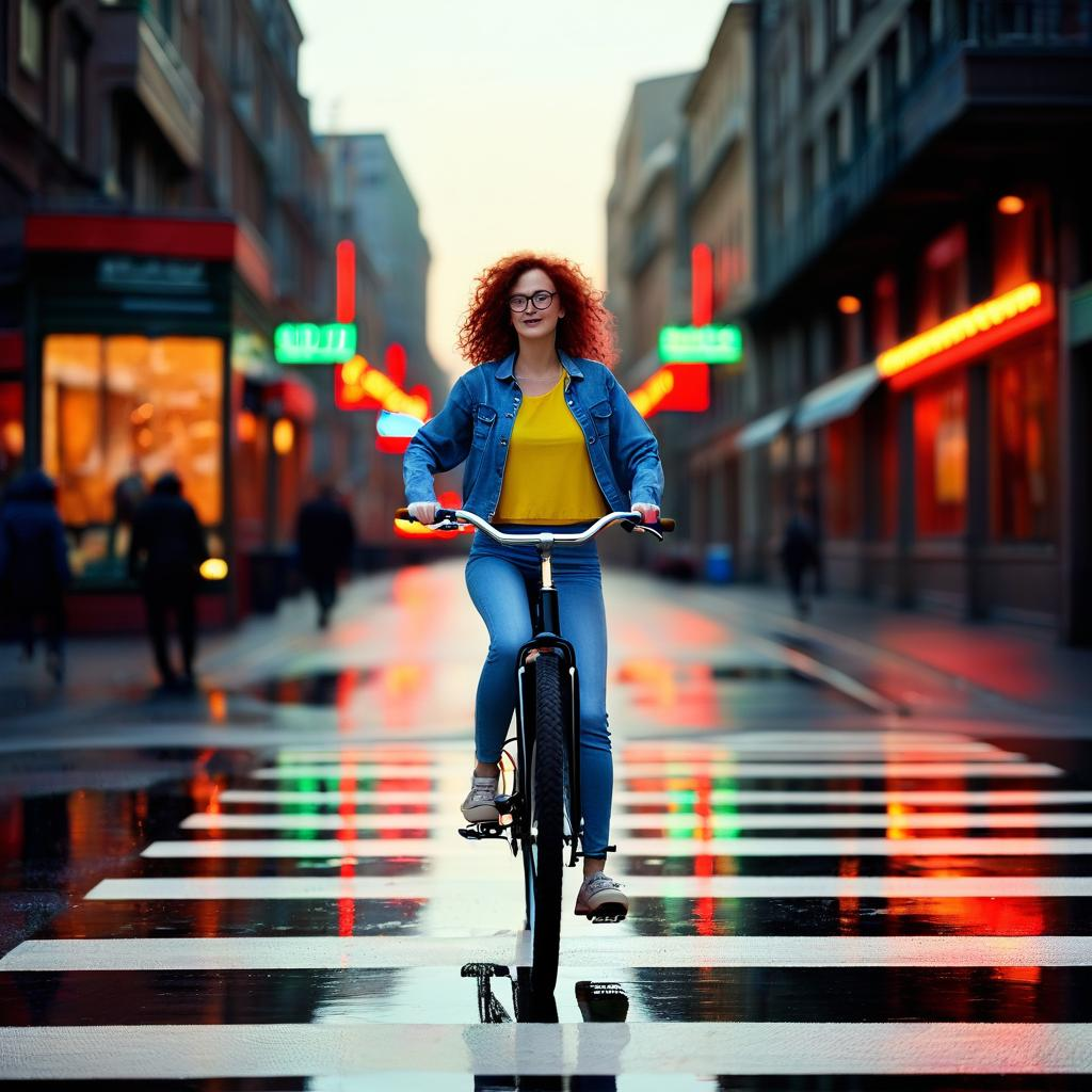 Example: Place this exact woman on a bicycle crossing a rainy city crosswalk at dusk, neo