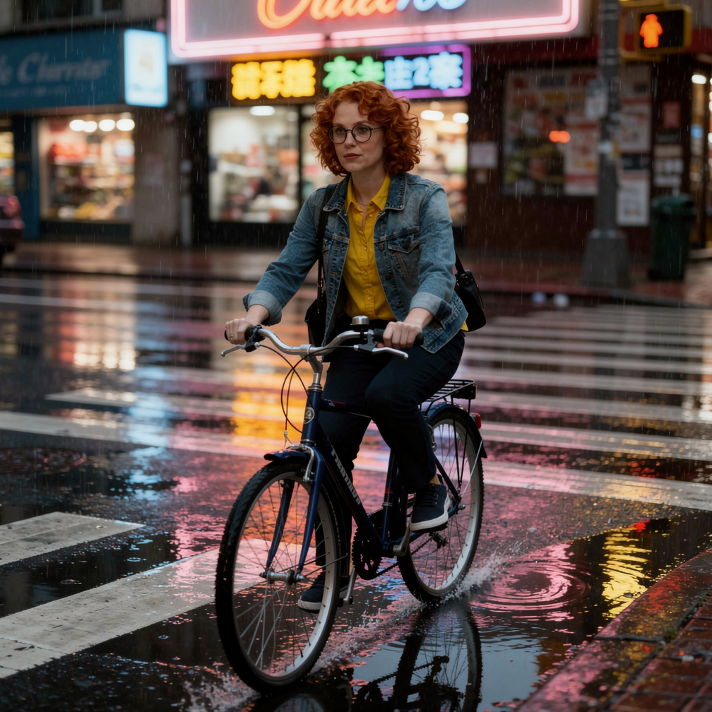 Example: Place this exact woman on a bicycle crossing a rainy city crosswalk at dusk, neo