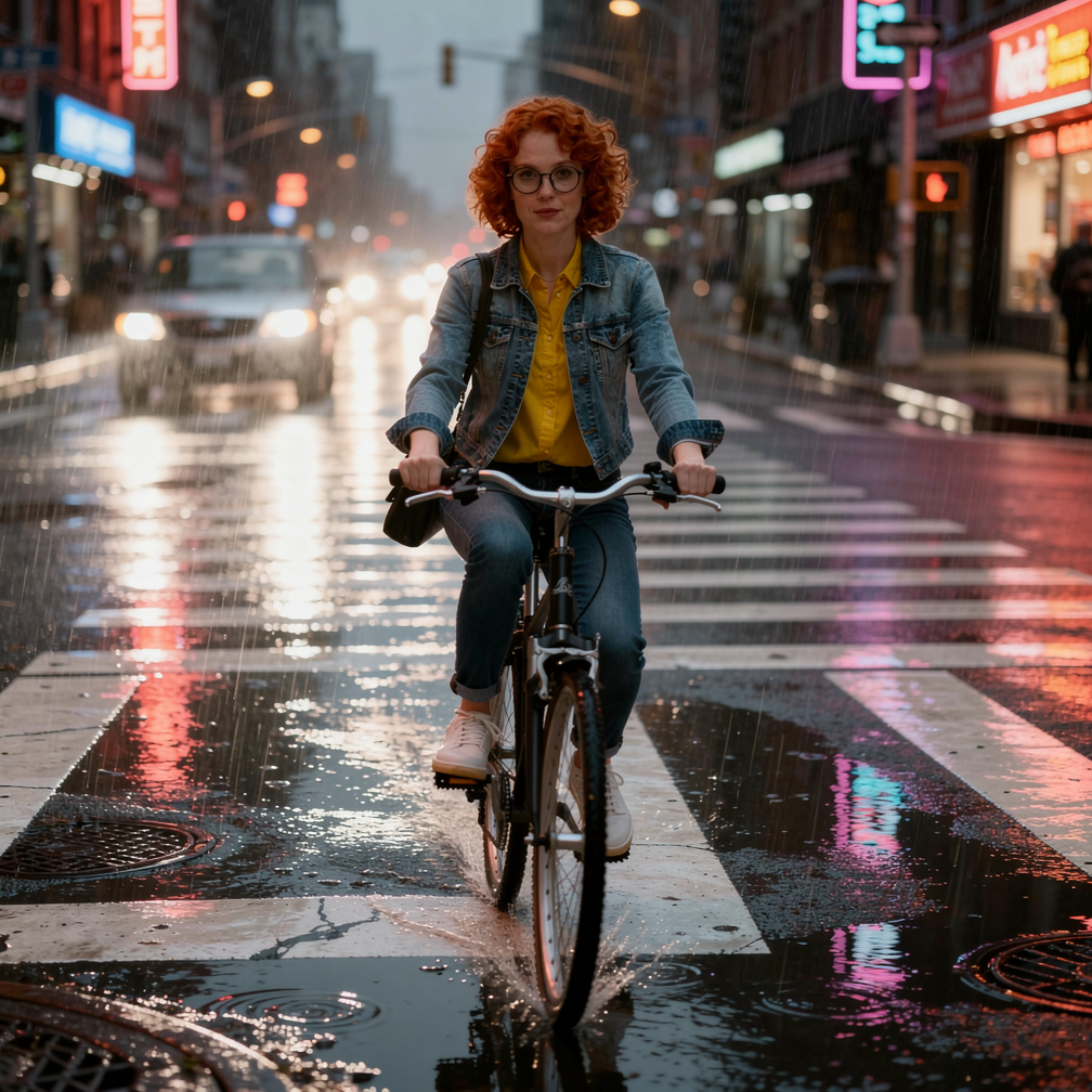 Example: Place this exact woman on a bicycle crossing a rainy city crosswalk at dusk, neo