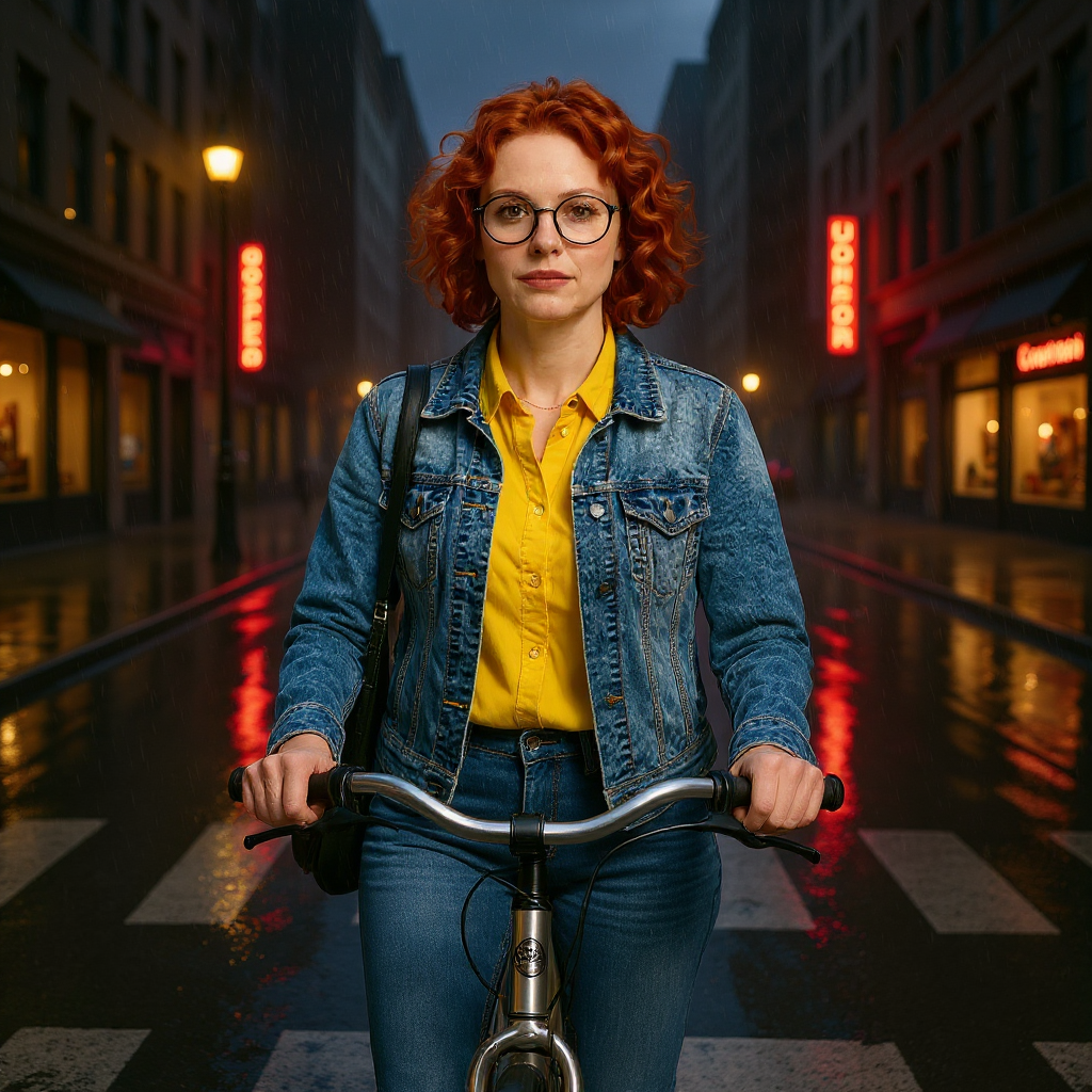 Example: Place this exact woman on a bicycle crossing a rainy city crosswalk at dusk, neo