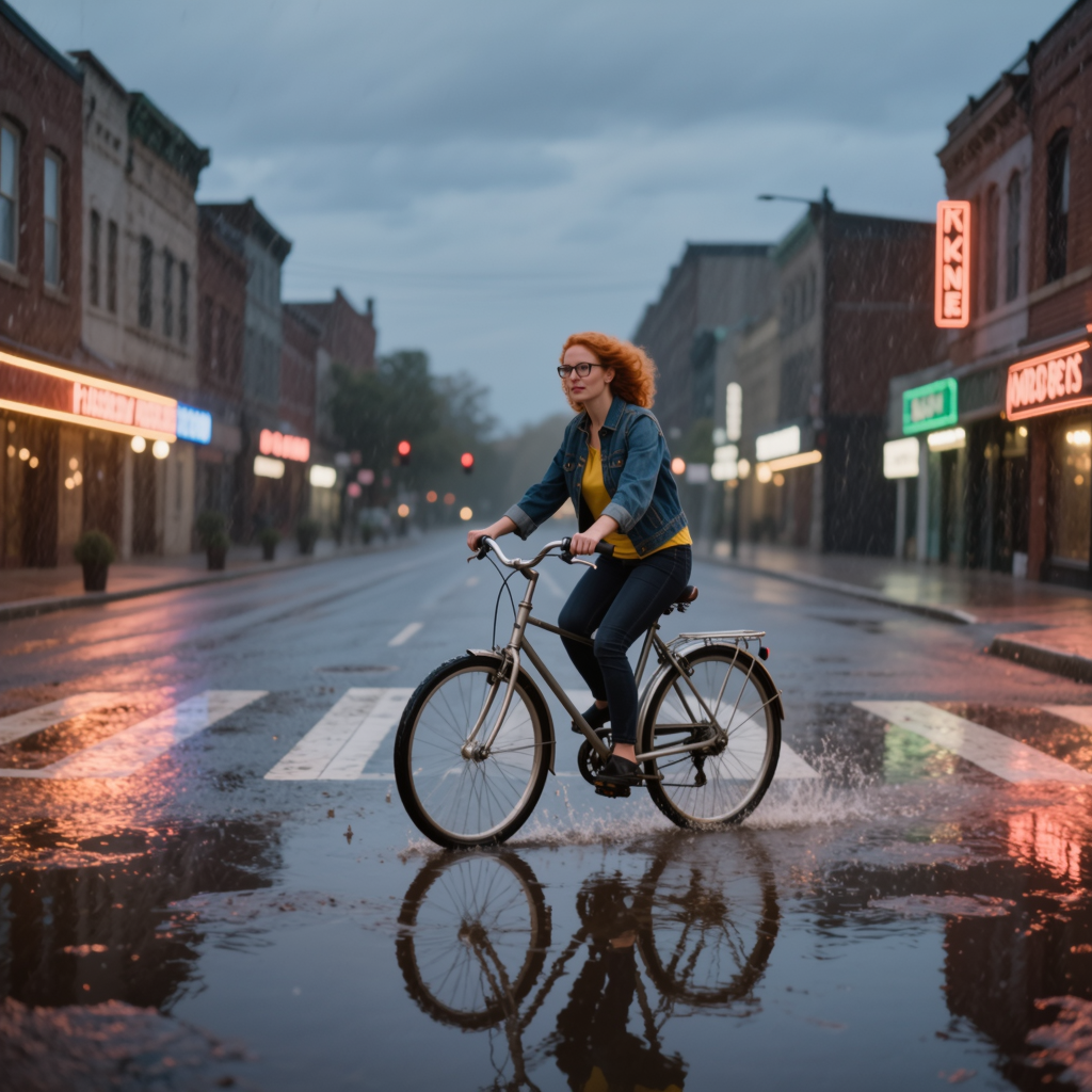 Example: Place this exact woman on a bicycle crossing a rainy city crosswalk at dusk, neo