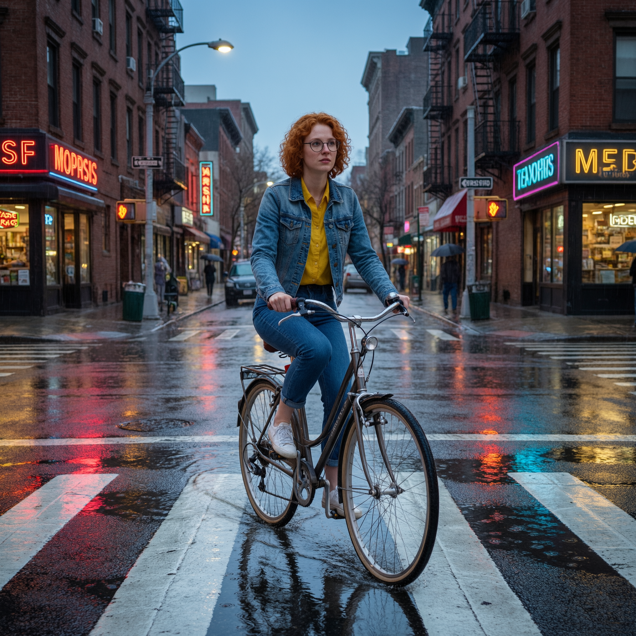 Example: Place this exact woman on a bicycle crossing a rainy city crosswalk at dusk, neo
