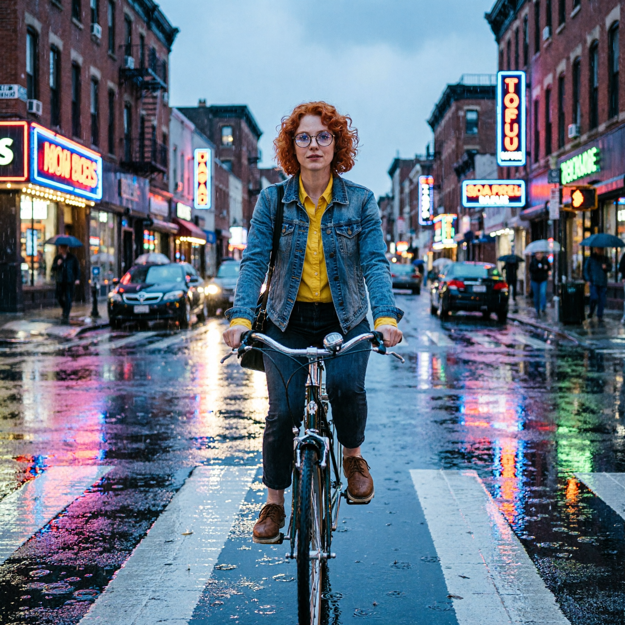 Example: Place this exact woman on a bicycle crossing a rainy city crosswalk at dusk, neo