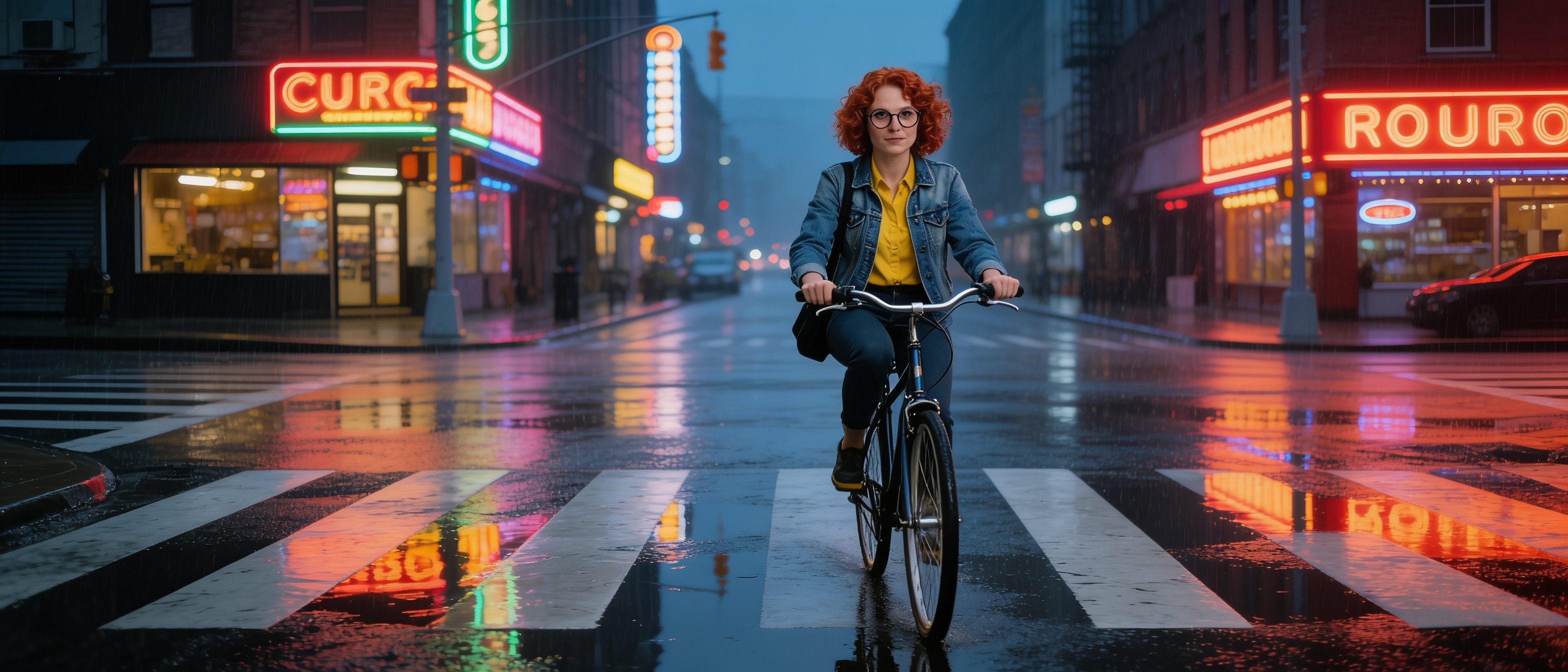 Example: Place this exact woman on a bicycle crossing a rainy city crosswalk at dusk, neo