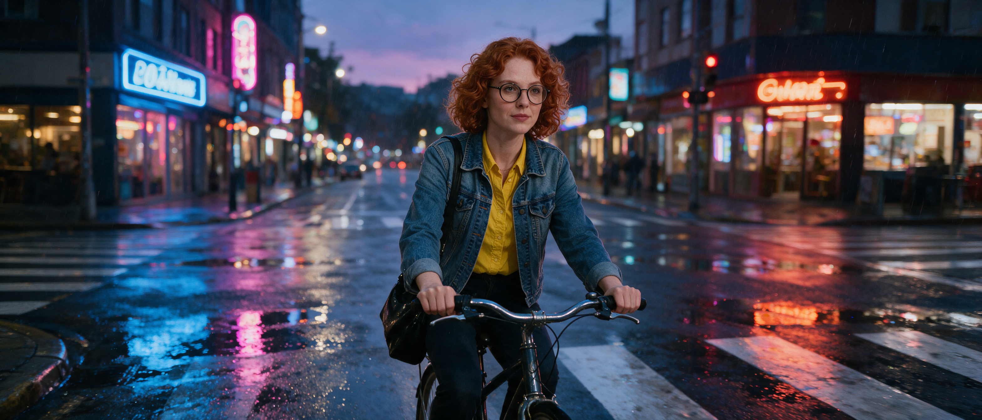 Example: Place this exact woman on a bicycle crossing a rainy city crosswalk at dusk, neo