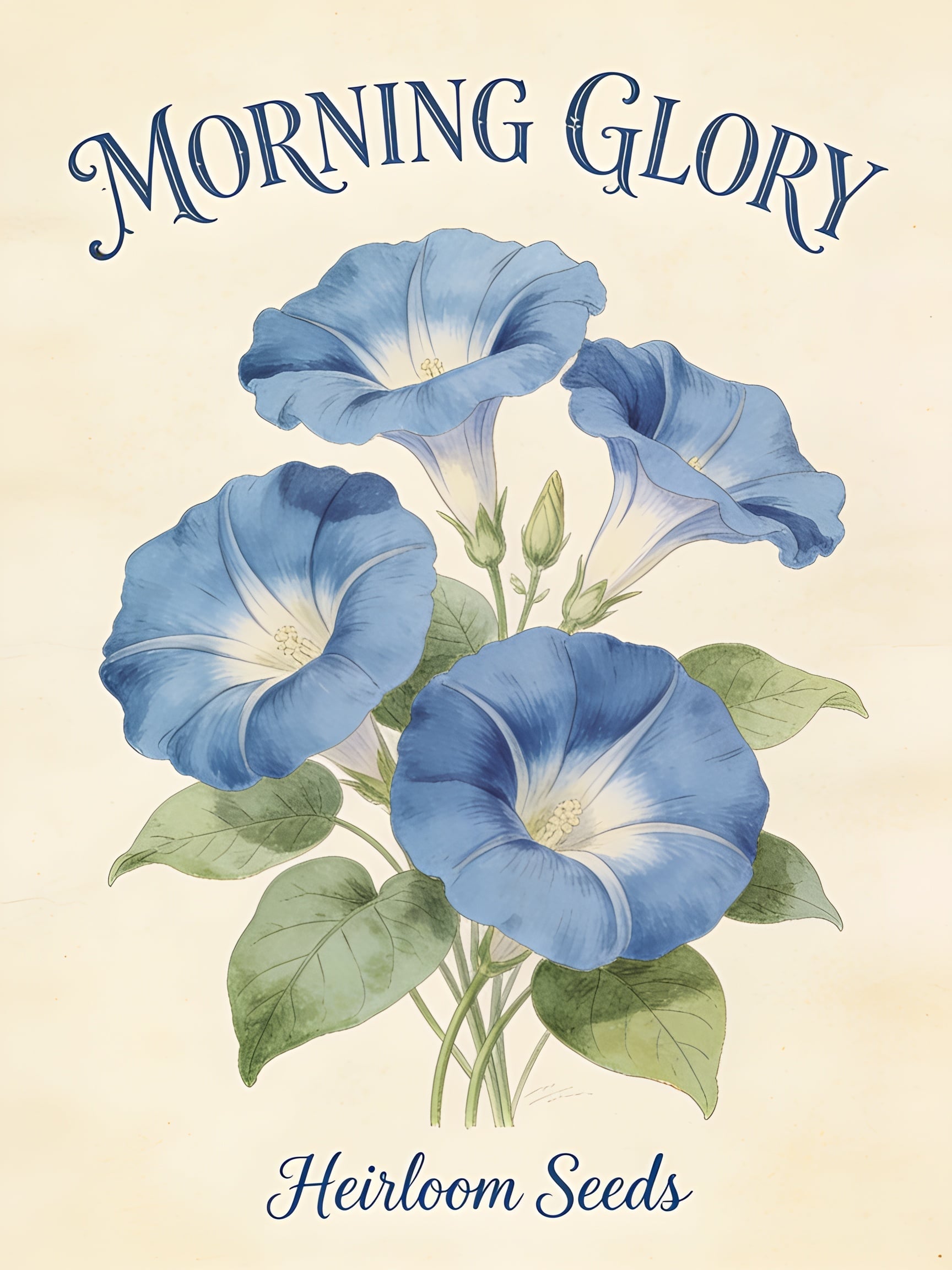 Example: A vintage seed packet design with the words 'MORNING GLORY' in hand-lettered typ