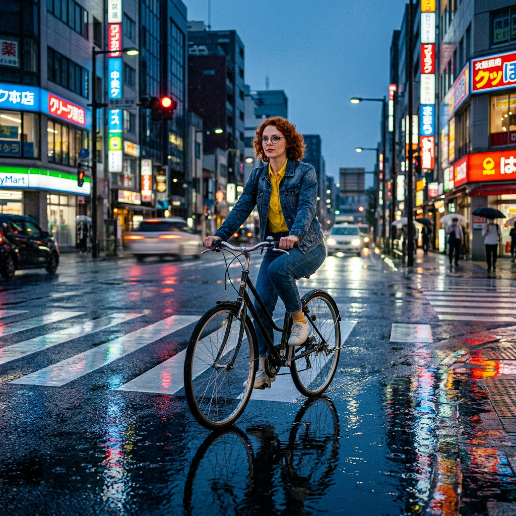 Example: Place this exact woman on a bicycle crossing a rainy city crosswalk at dusk, neo
