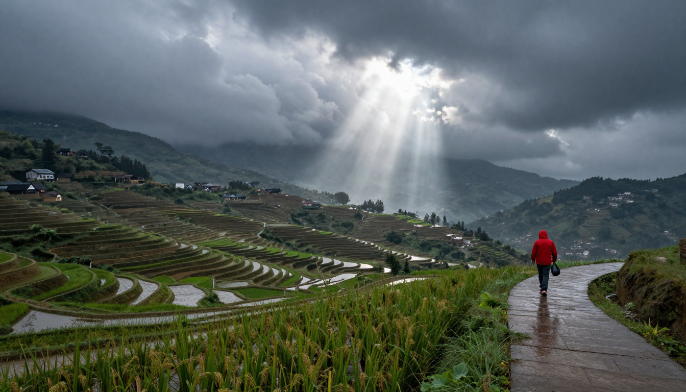 Example: Storm light over a terraced rice valley after rain, low clouds drifting through,