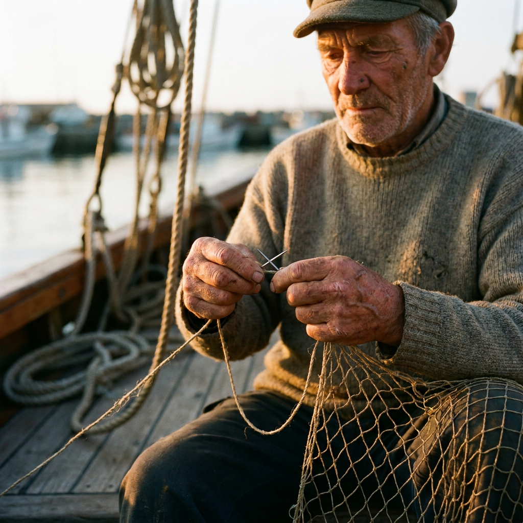Example: Portrait of a middle-aged fisherman mending a net at golden hour, weathered hand