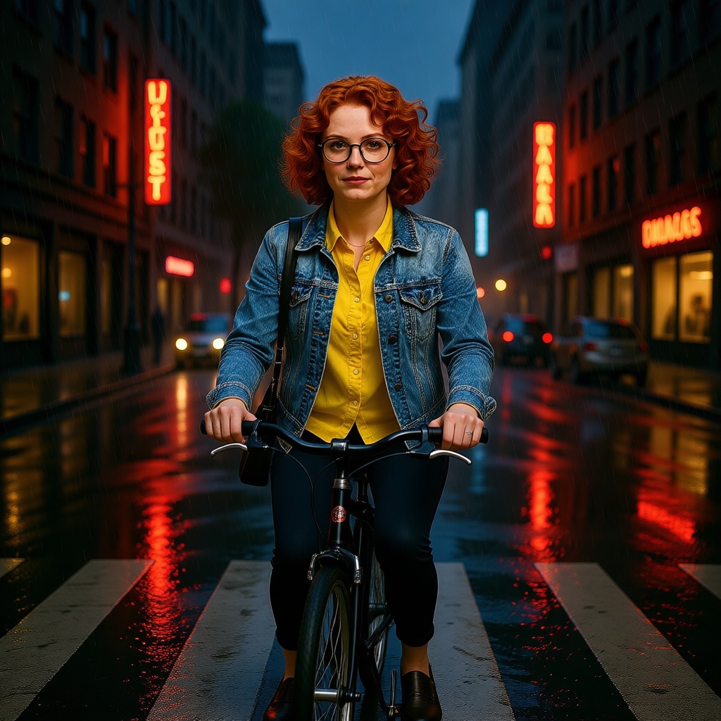 Example: Place this exact woman on a bicycle crossing a rainy city crosswalk at dusk, neo