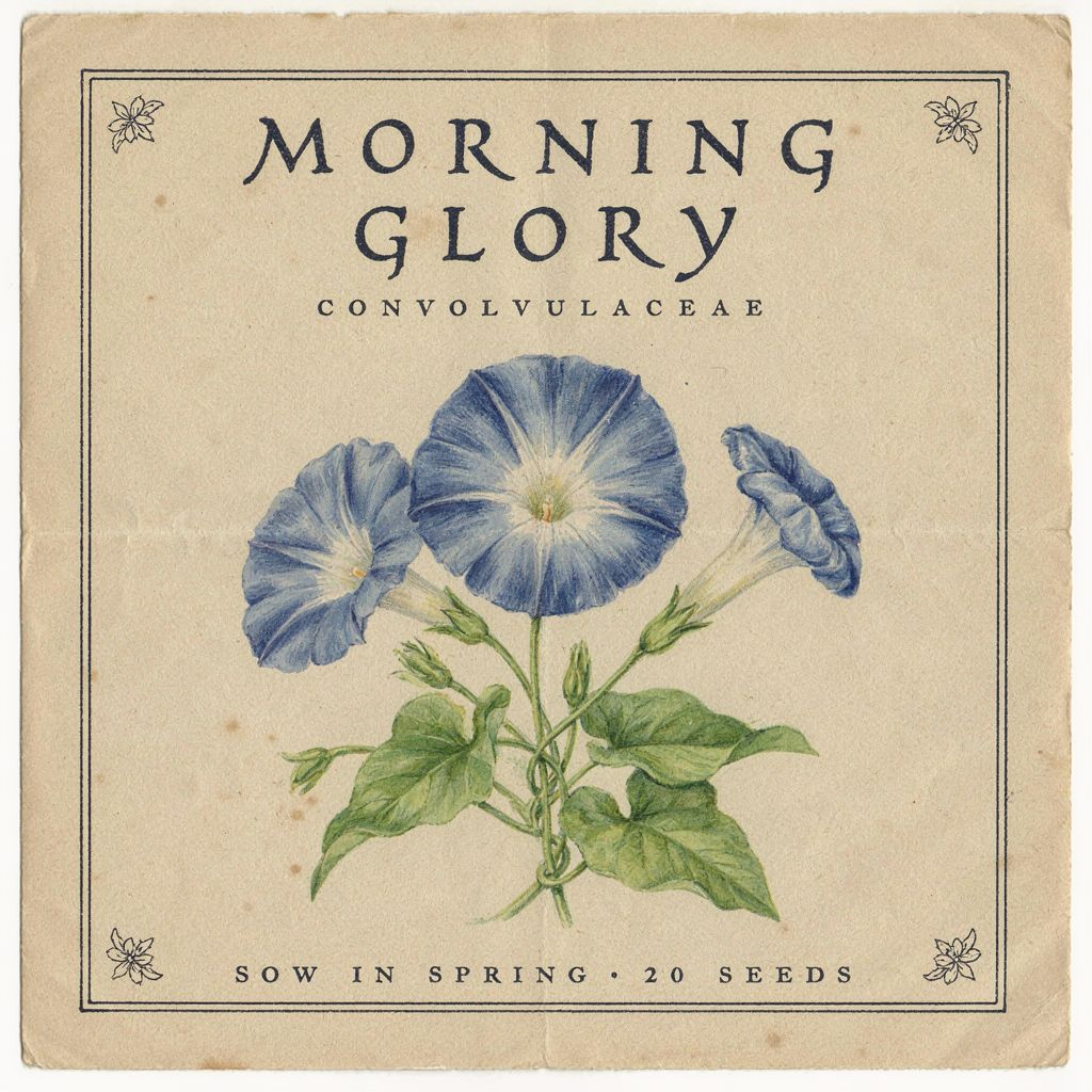 Example: A vintage seed packet design with the words 'MORNING GLORY' in hand-lettered typ