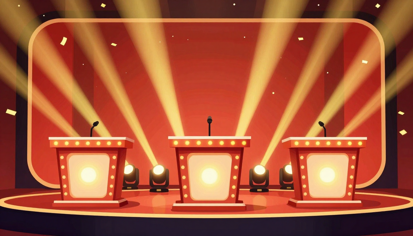Example: A vibrant TV quiz show stage design, three empty podiums with glowing buzzer lig