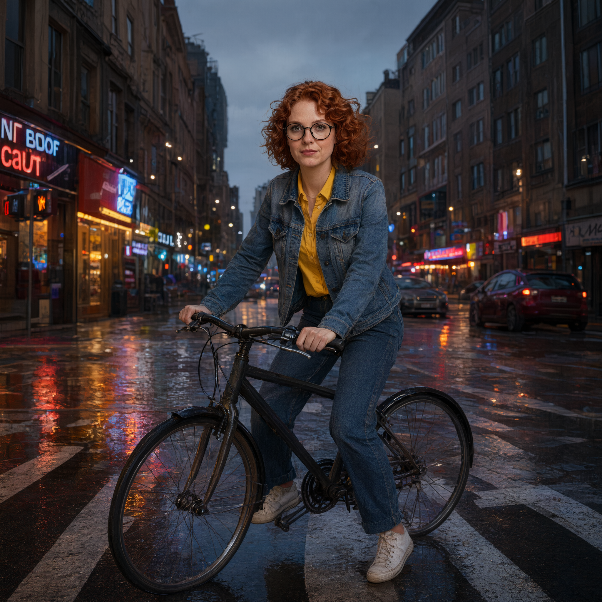 Example: Place this exact woman on a bicycle crossing a rainy city crosswalk at dusk, neo