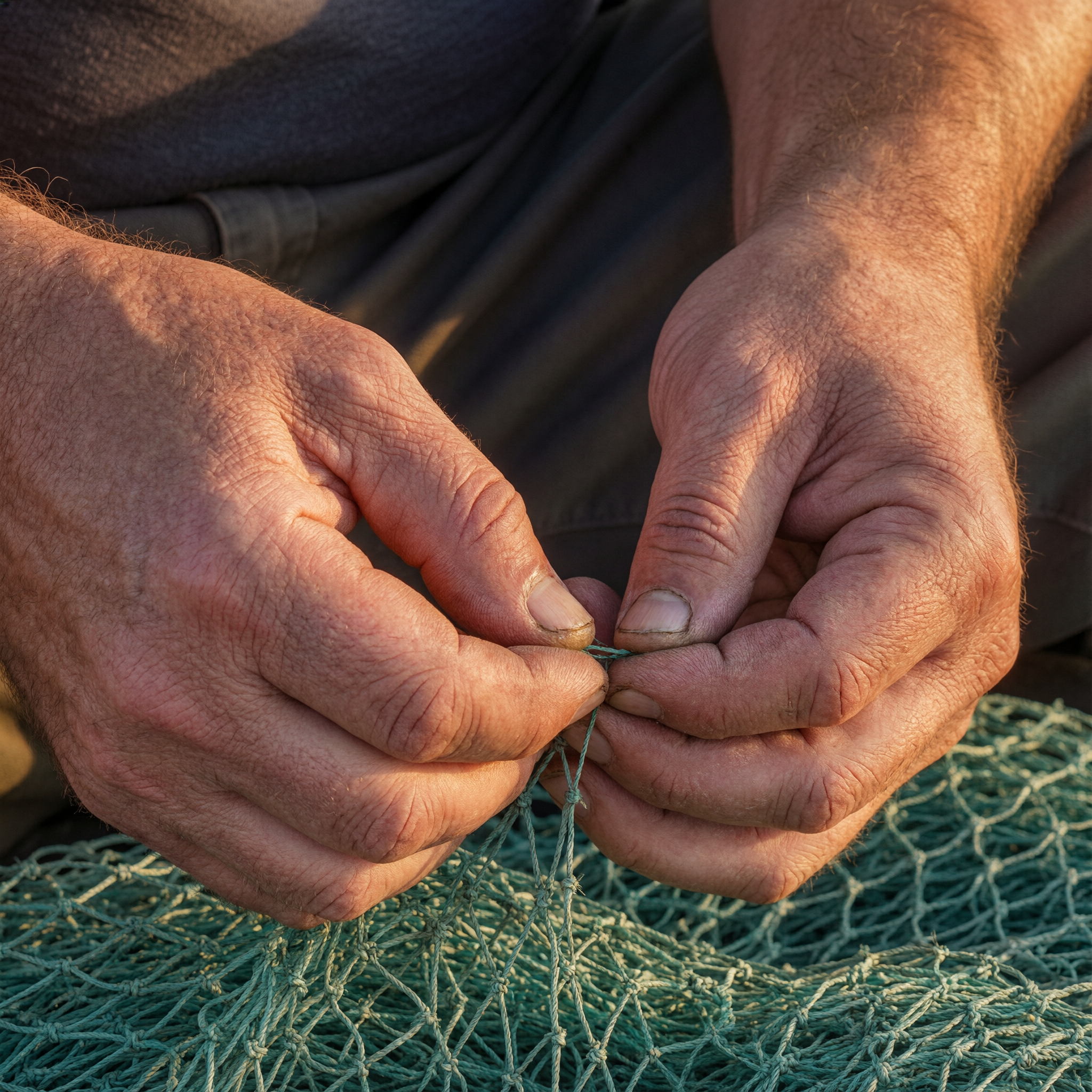 Example: Portrait of a middle-aged fisherman mending a net at golden hour, weathered hand