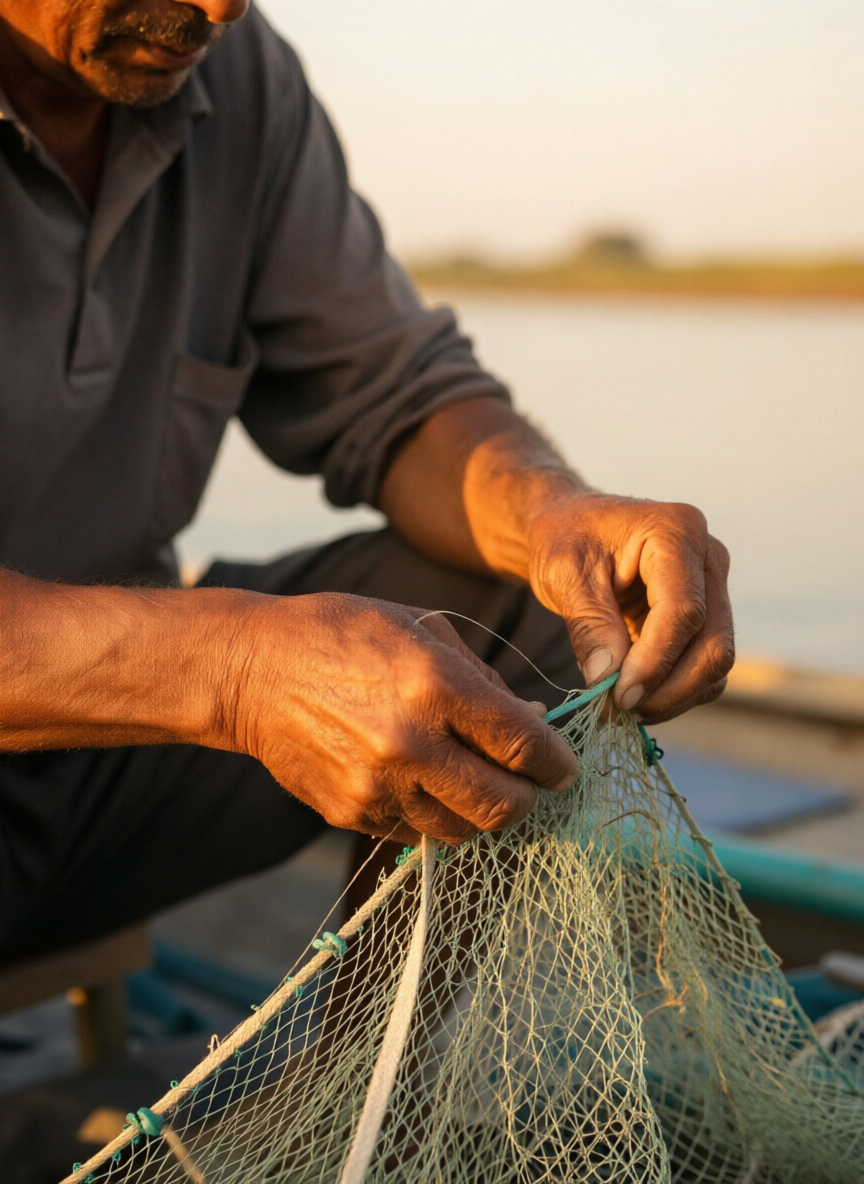 Example: Portrait of a middle-aged fisherman mending a net at golden hour, weathered hand