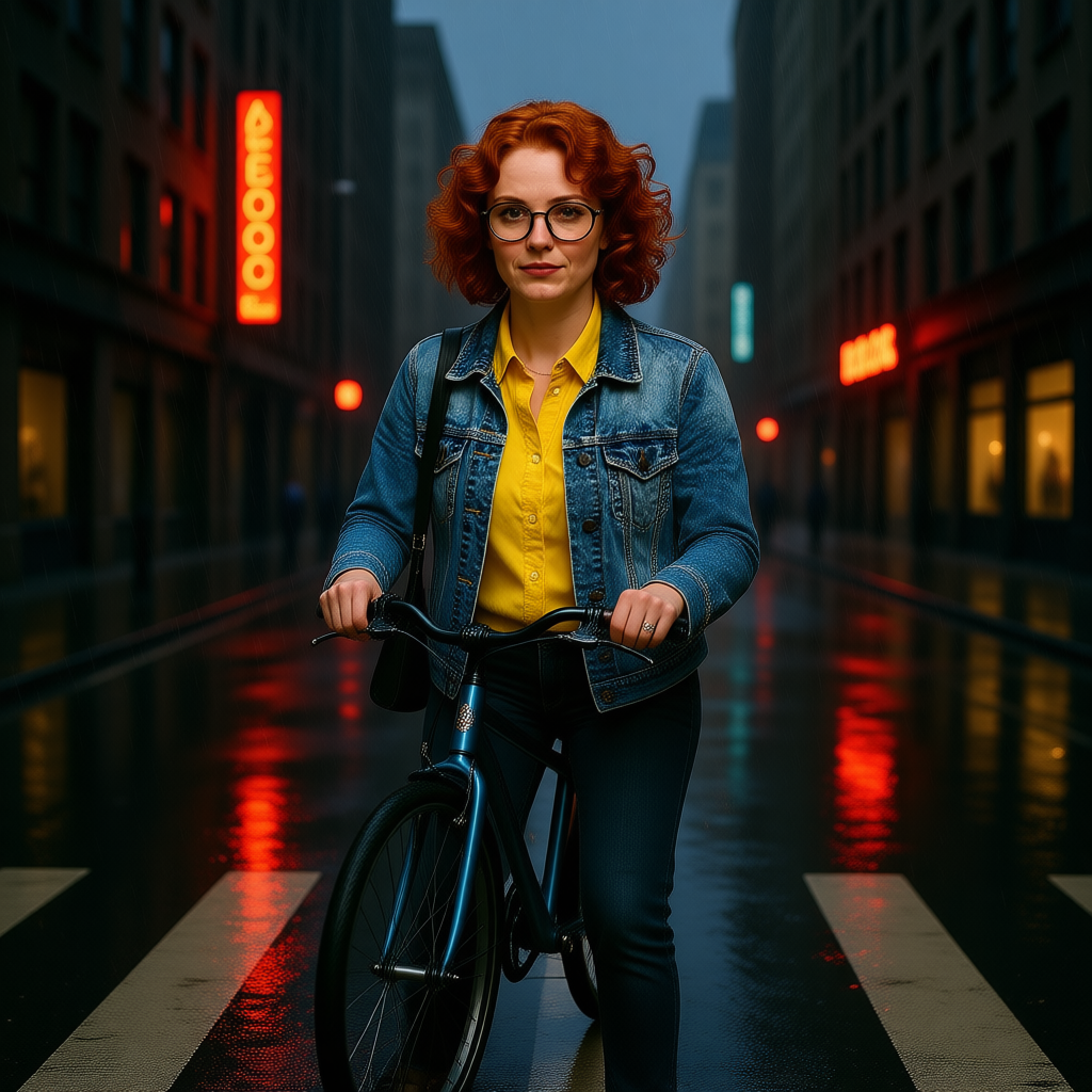 Example: Place this exact woman on a bicycle crossing a rainy city crosswalk at dusk, neo