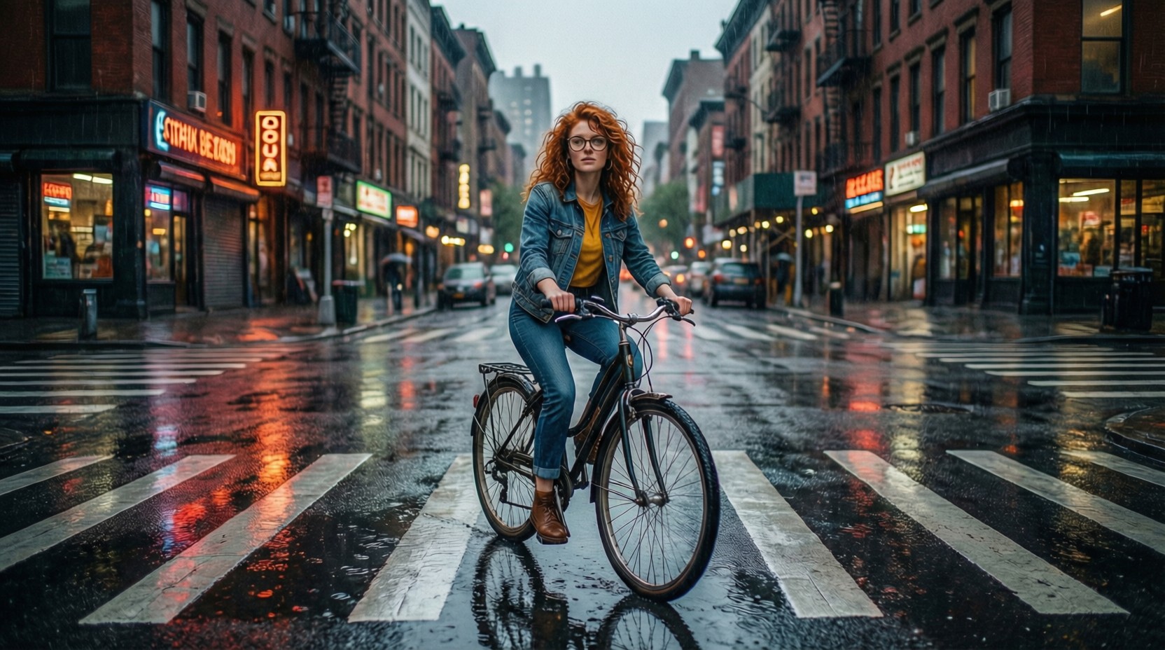 Example: Place this exact woman on a bicycle crossing a rainy city crosswalk at dusk, neo