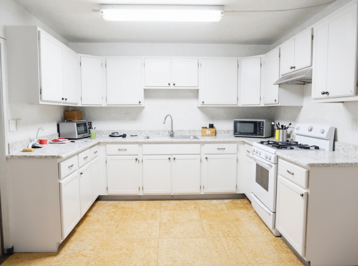 Example: Renovate this kitchen into a bright modern space with white shaker cabinets, whi