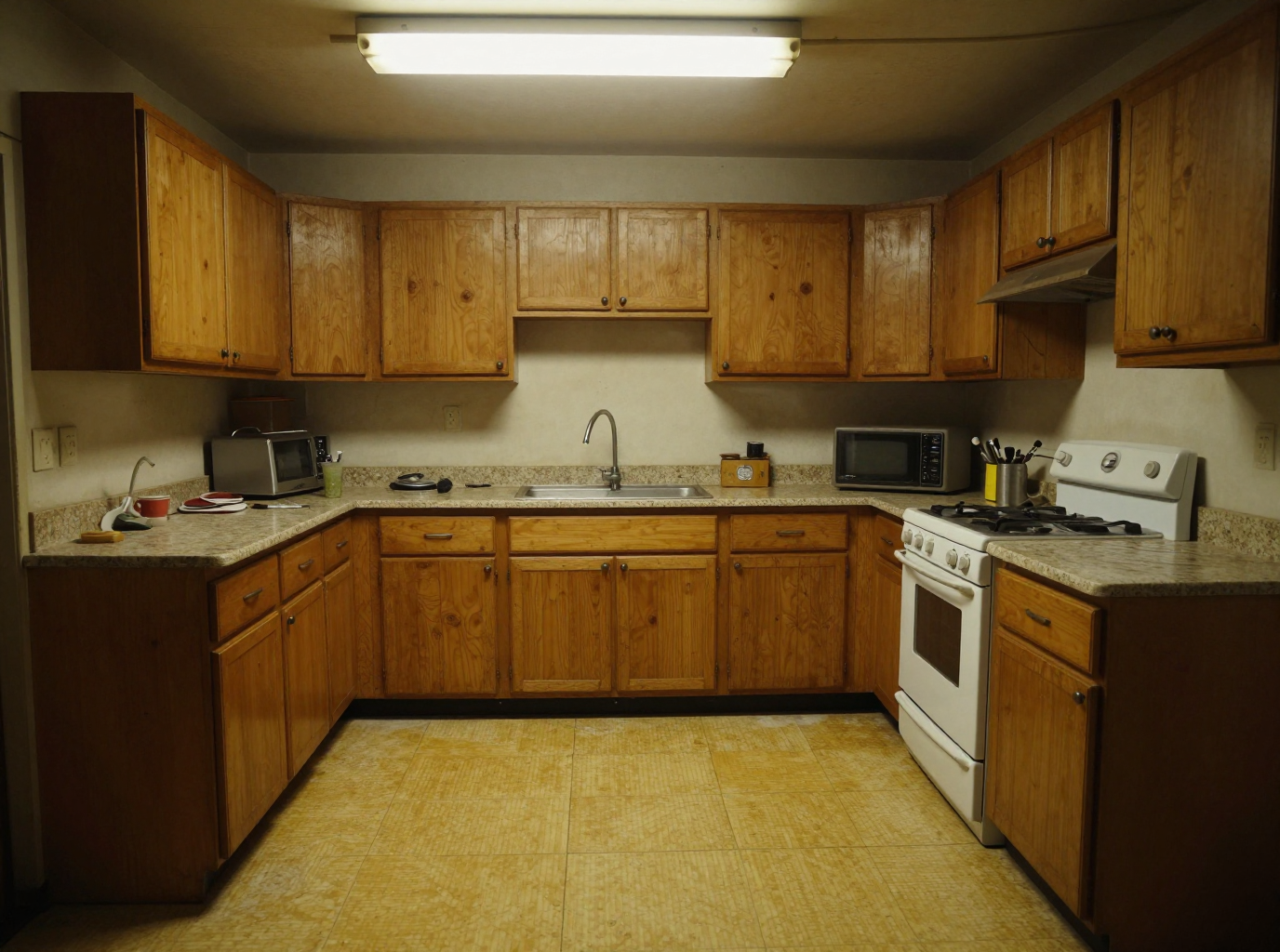 Example: A dated 1990s kitchen interior, worn oak cabinets, yellowed linoleum floor, dim