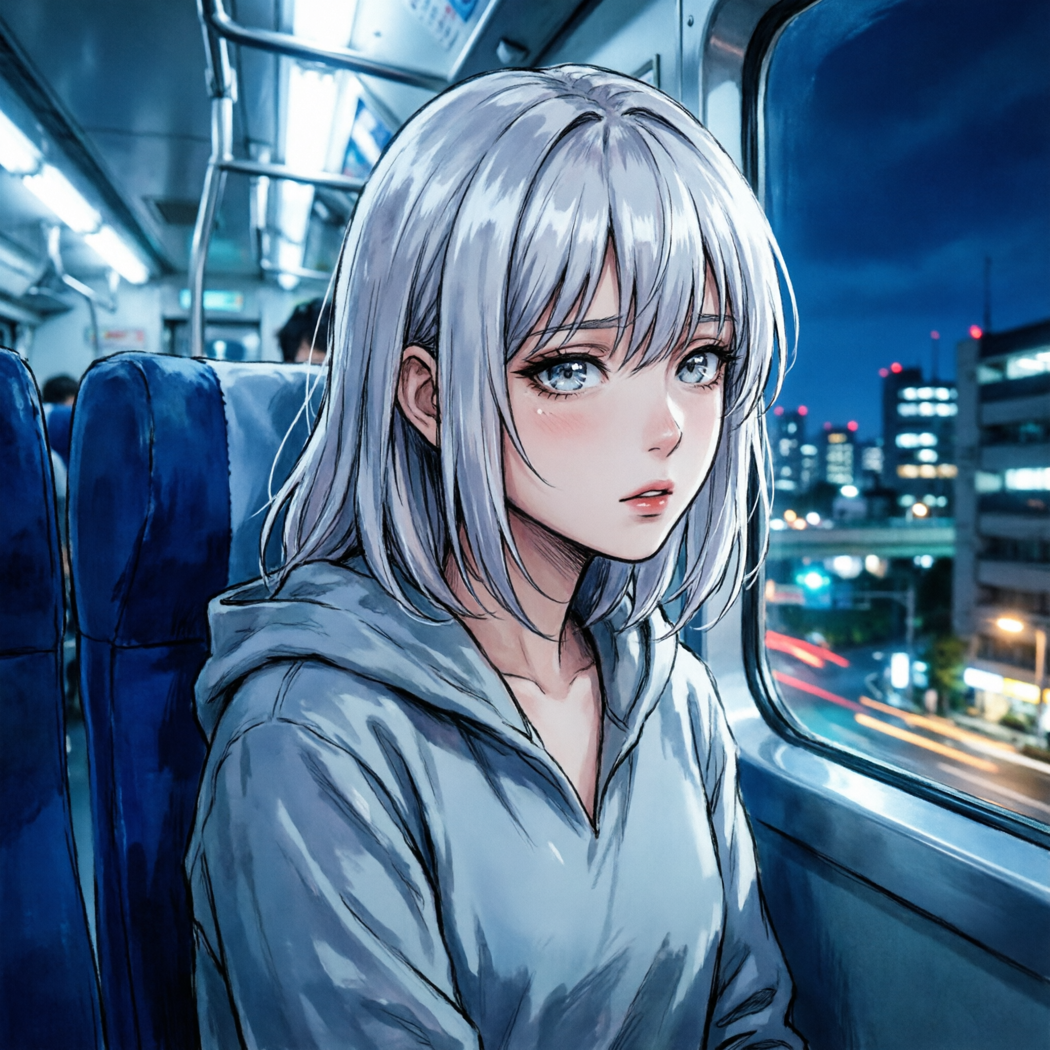 Example: An anime girl with silver hair rides a night train, city lights streaking past t