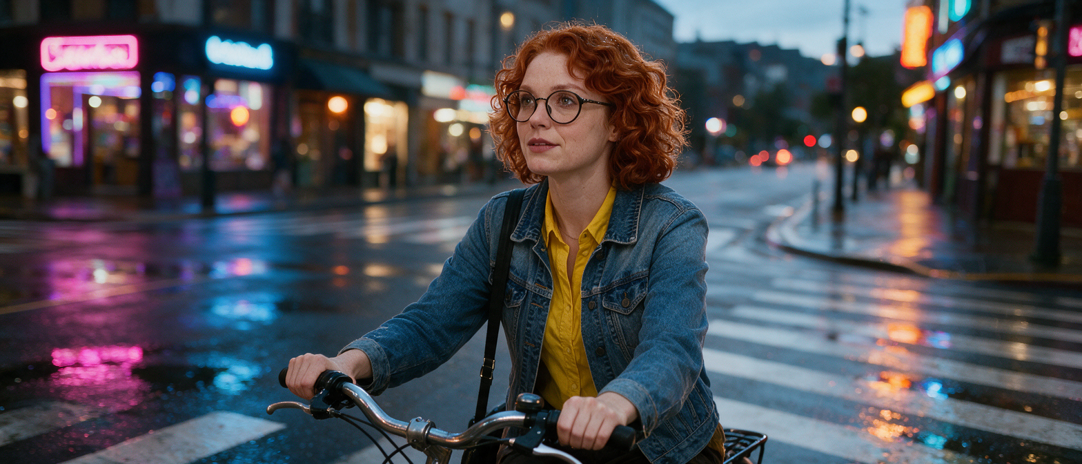 Example: Place this exact woman on a bicycle crossing a rainy city crosswalk at dusk, neo