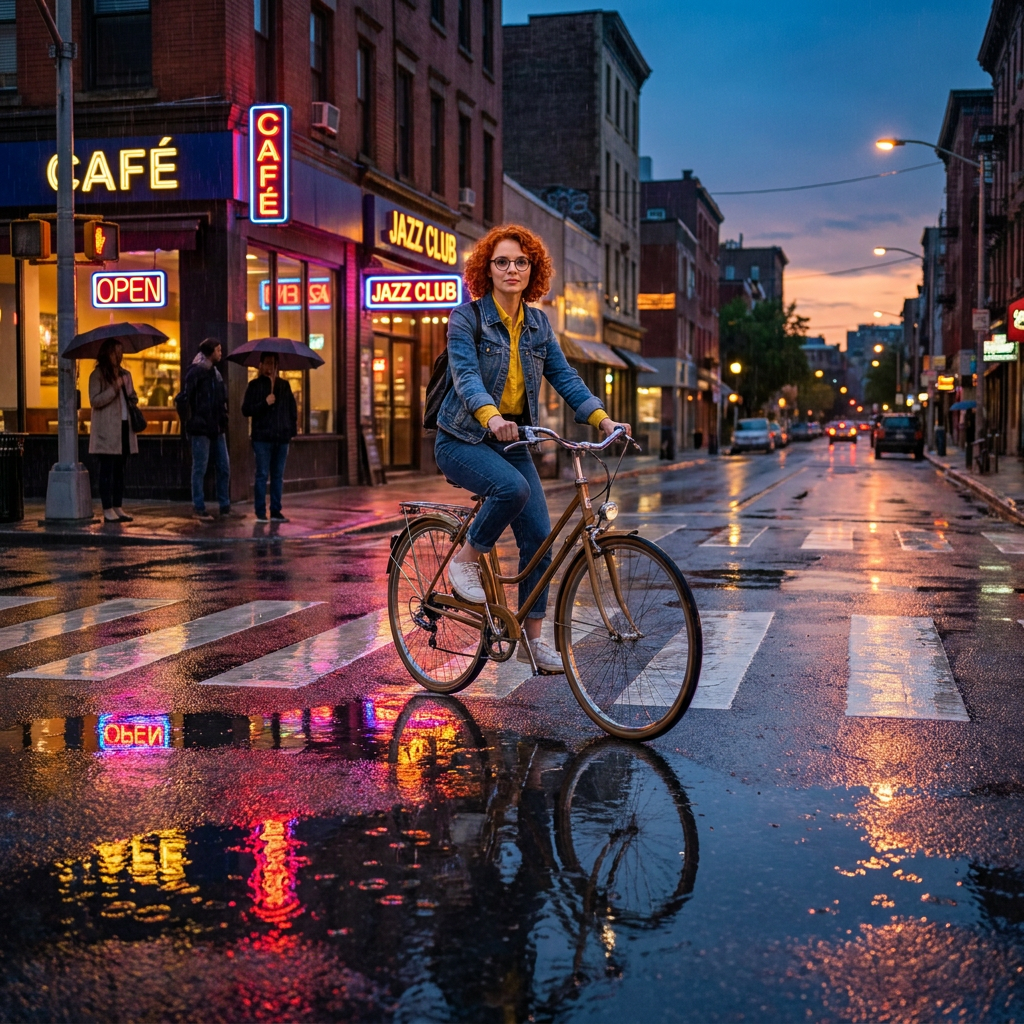 Example: Place this exact woman on a bicycle crossing a rainy city crosswalk at dusk, neo