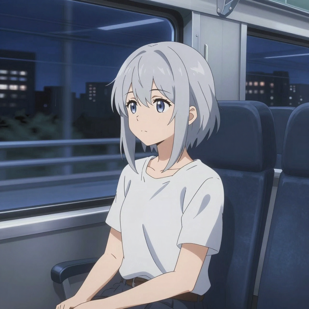 Example: An anime girl with silver hair rides a night train, city lights streaking past t