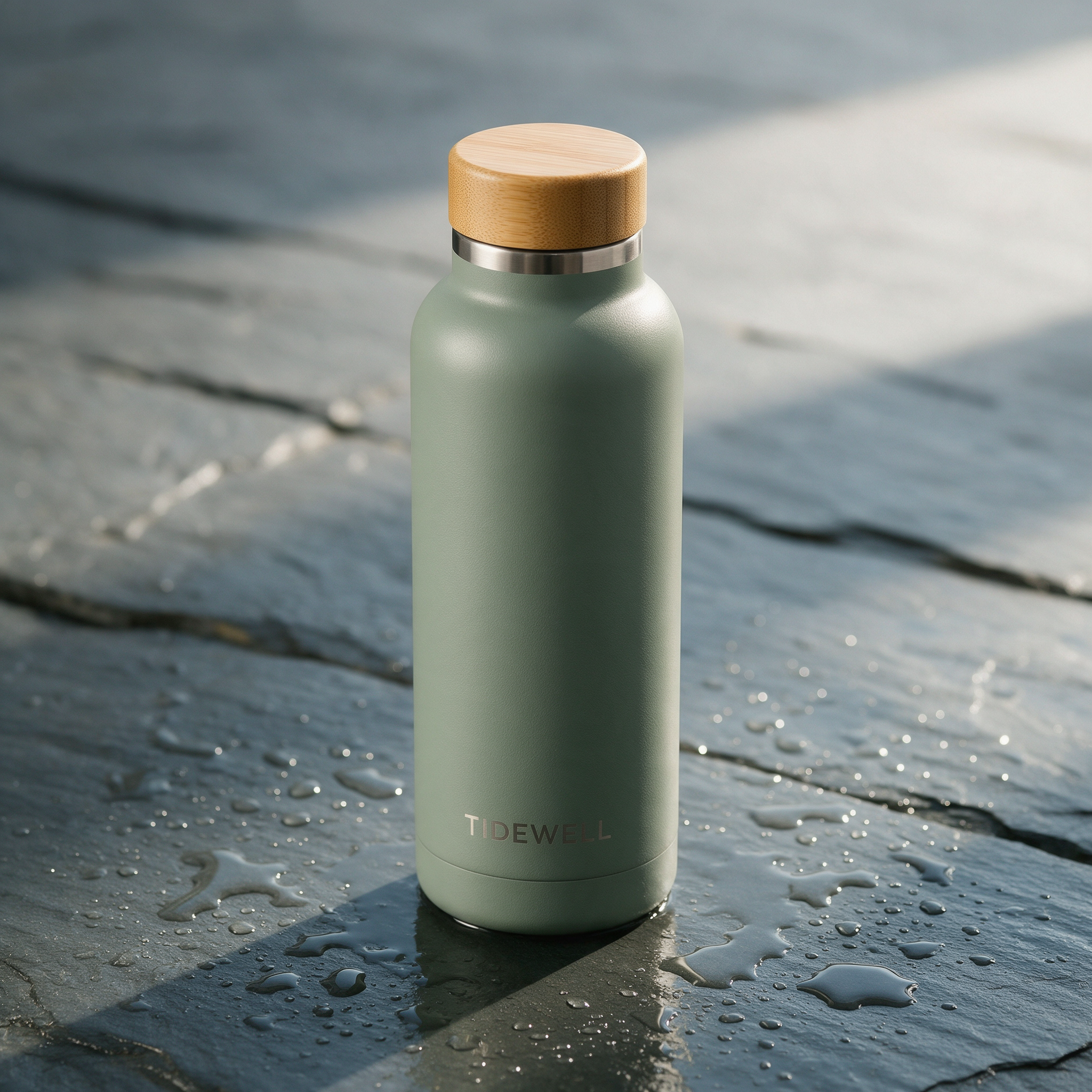 Example: Studio product photograph of a sleek matte sage-green insulated water bottle wit