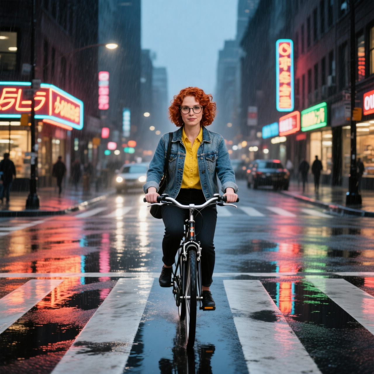 Example: Place this exact woman on a bicycle crossing a rainy city crosswalk at dusk, neo
