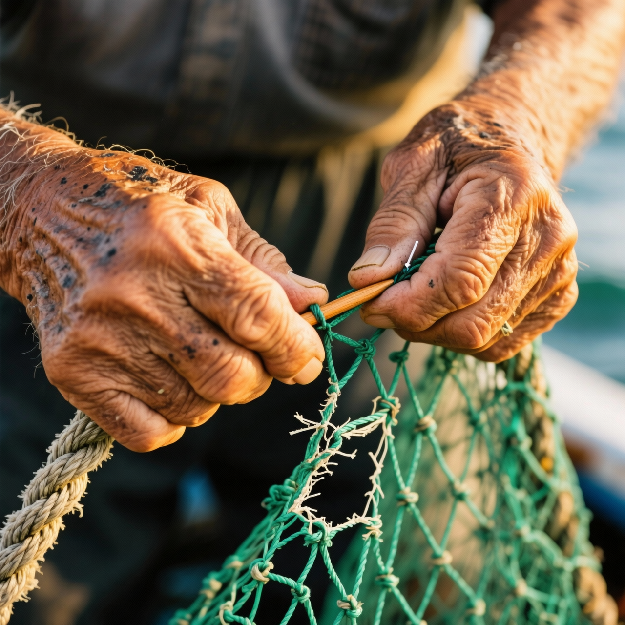 Example: Portrait of a middle-aged fisherman mending a net at golden hour, weathered hand