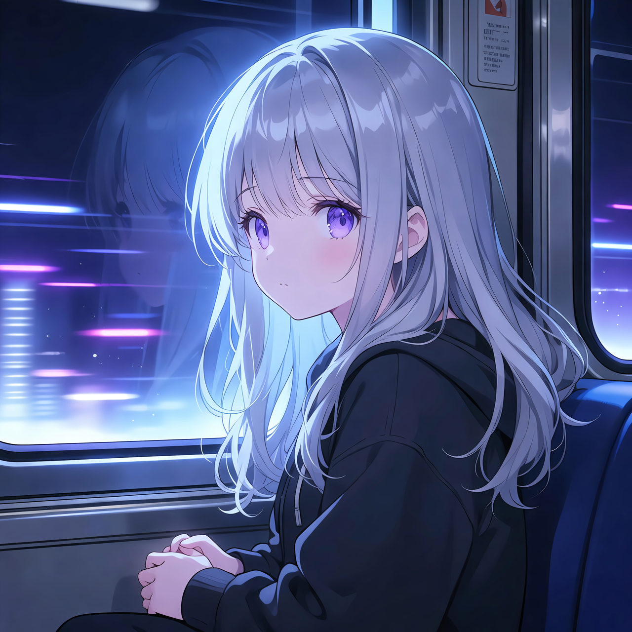 Example: An anime girl with silver hair rides a night train, city lights streaking past t
