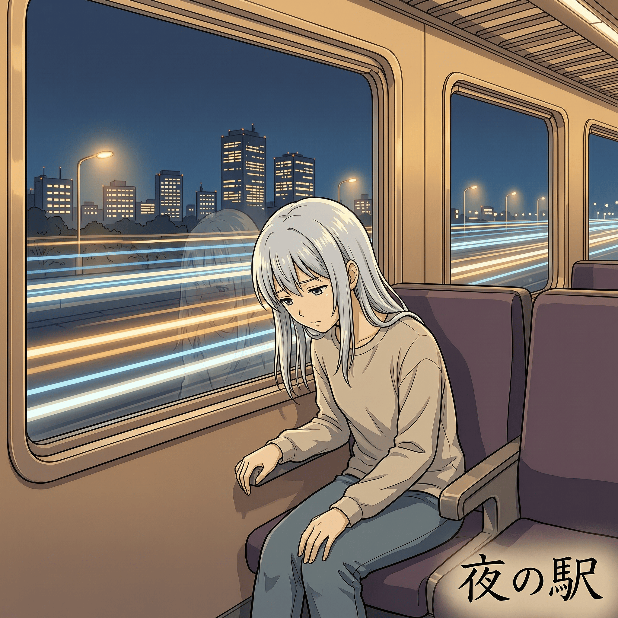 Example: An anime girl with silver hair rides a night train, city lights streaking past t