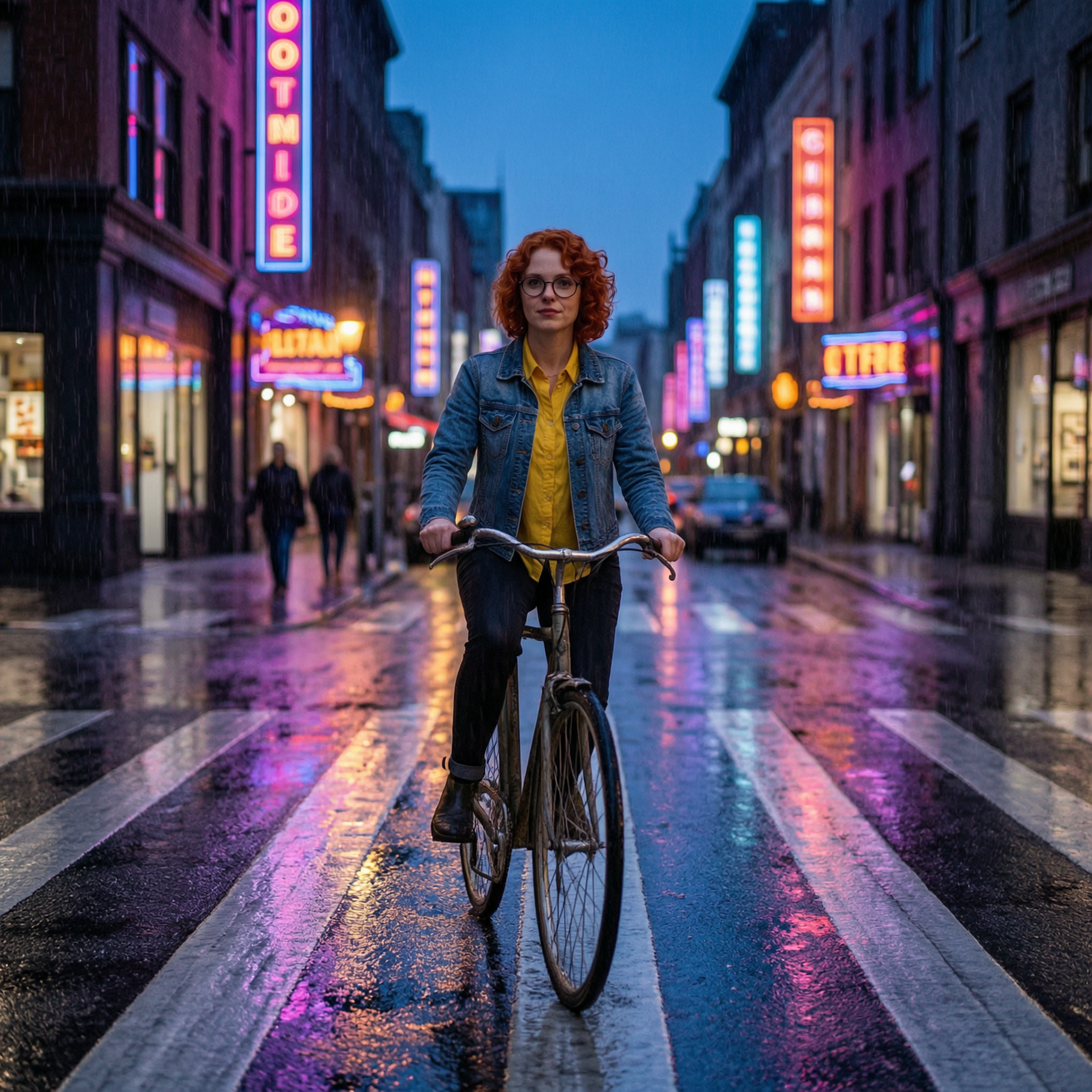 Example: Place this exact woman on a bicycle crossing a rainy city crosswalk at dusk, neo