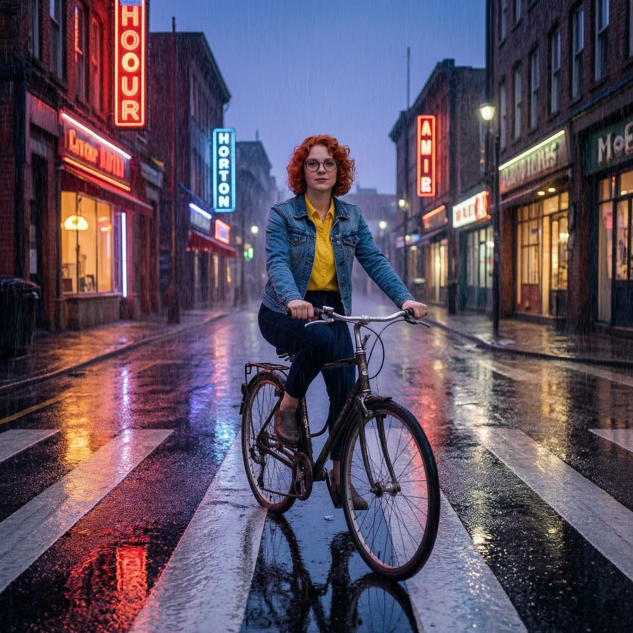 Example: Place this exact woman on a bicycle crossing a rainy city crosswalk at dusk, neo