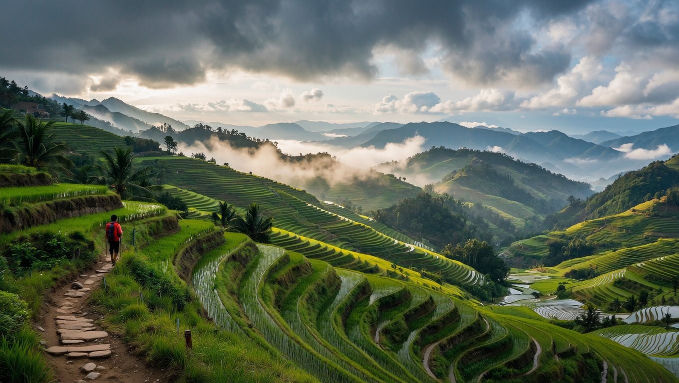Example: Storm light over a terraced rice valley after rain, low clouds drifting through,