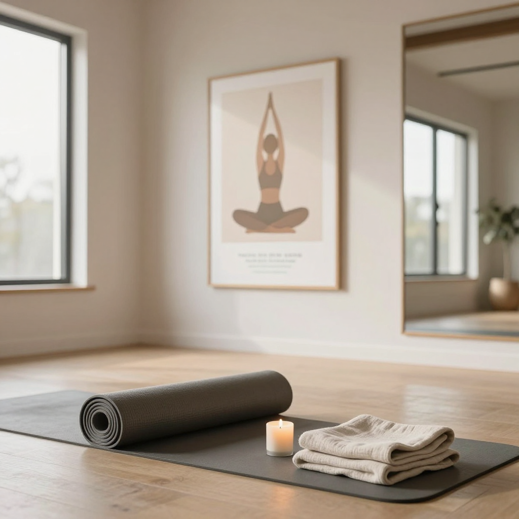 Example: A calm yoga studio interior with soft morning light through large windows, a rol