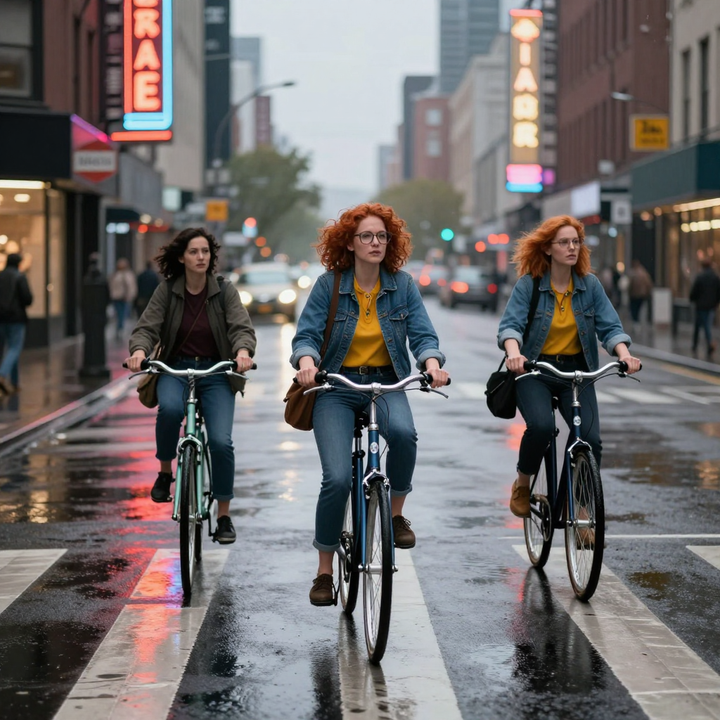 Example: Place this exact woman on a bicycle crossing a rainy city crosswalk at dusk, neo