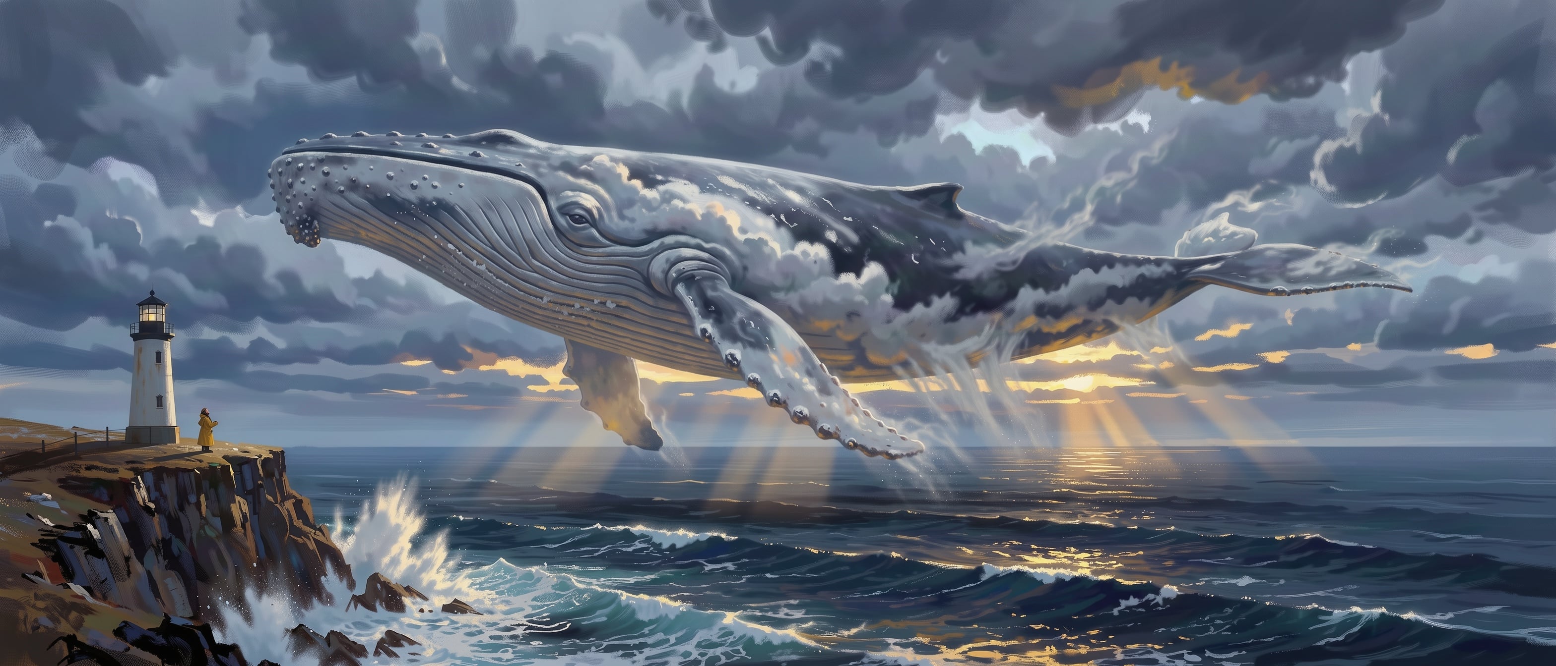 Ultra wide painted concept art of a giant humpback whale made of storm clouds swimming over a dark sea at sunset, with a white lighthouse and a tiny figure in a yellow coat on a cliff