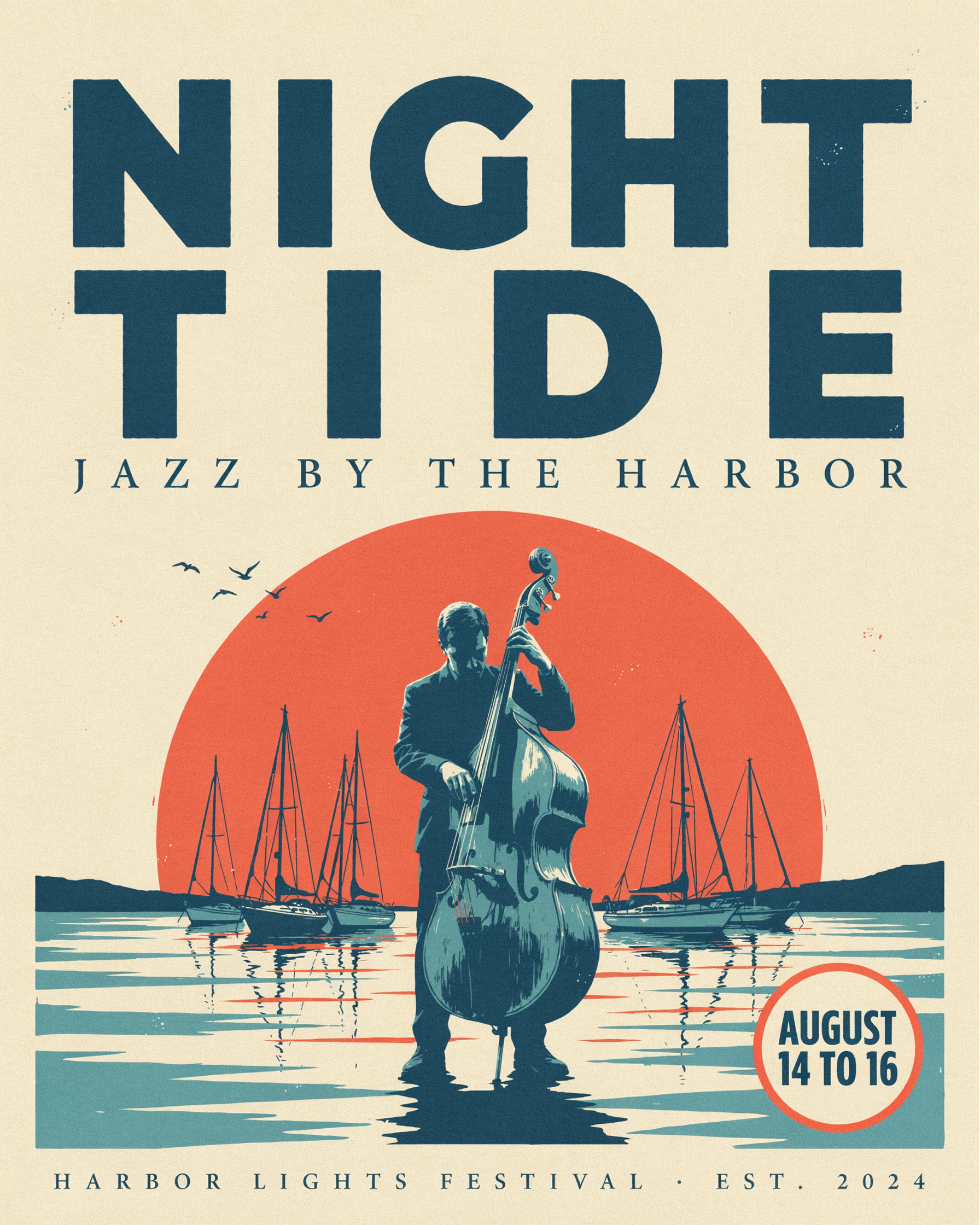 Ideogram 4.5 poster reading NIGHT TIDE, JAZZ BY THE HARBOR, AUGUST 14 TO 16 over a bass player silhouetted against a coral moon