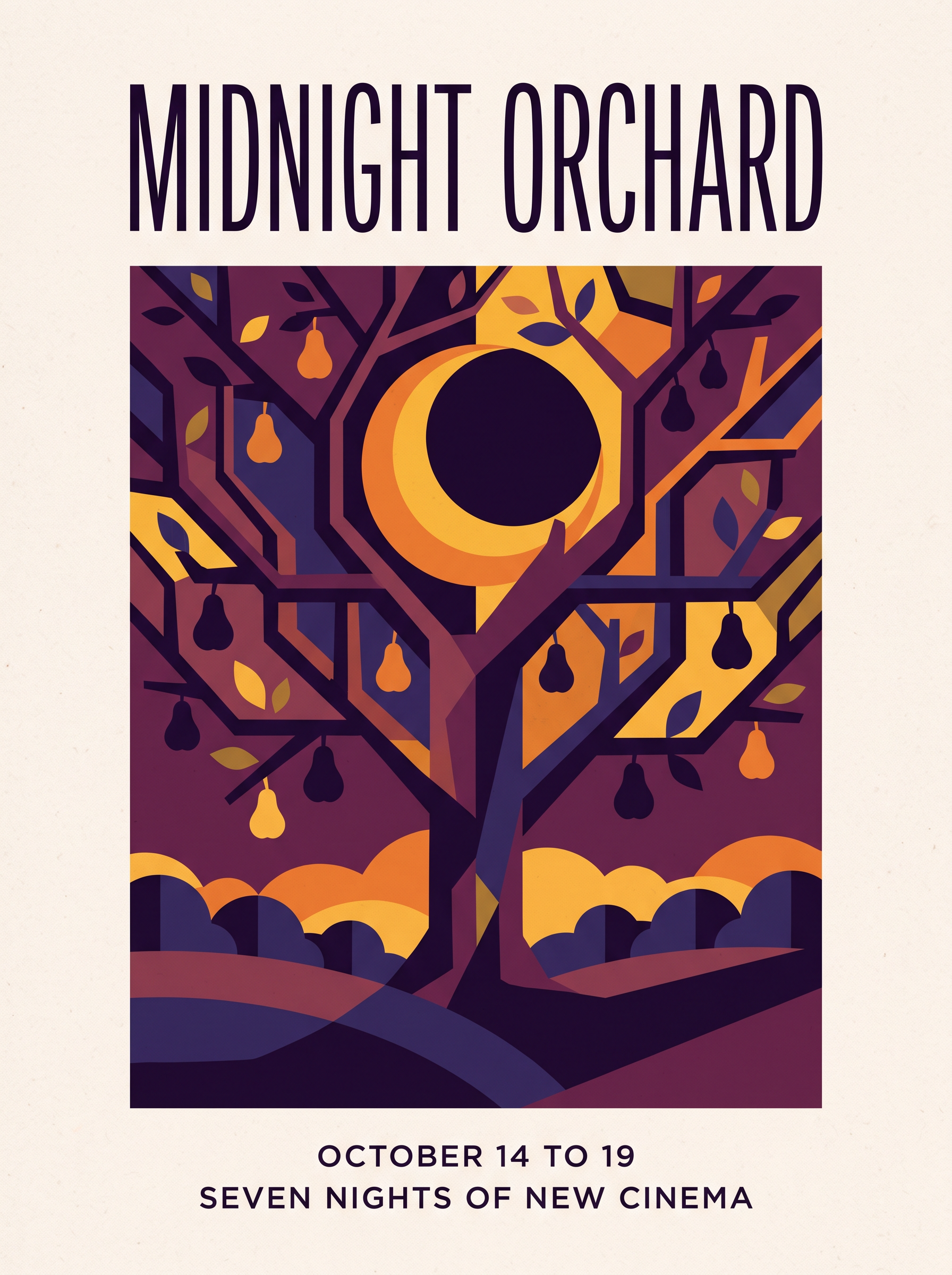Flat geometric film festival poster titled MIDNIGHT ORCHARD, a crescent moon caught in a stylized pear tree in plum and saffron, with OCTOBER 14 TO 19 and SEVEN NIGHTS OF NEW CINEMA along the bottom