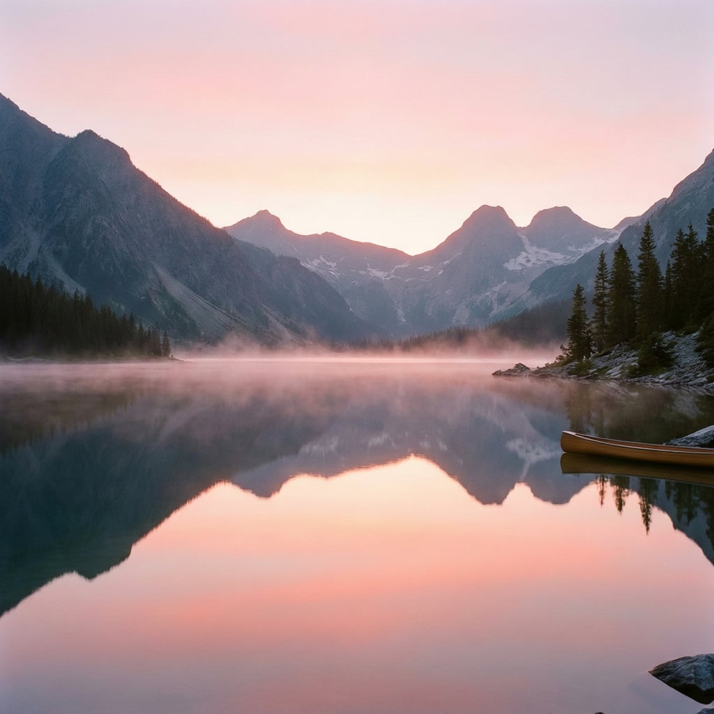 a serene mountain lake at sunrise, mirror reflection, soft pastel sky