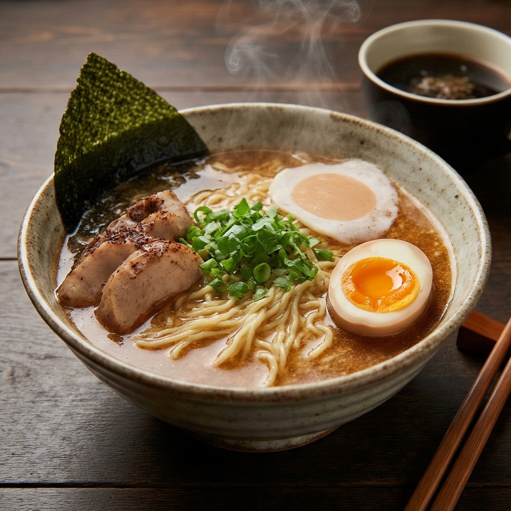 a steaming bowl of ramen with soft-boiled egg, detailed food photography