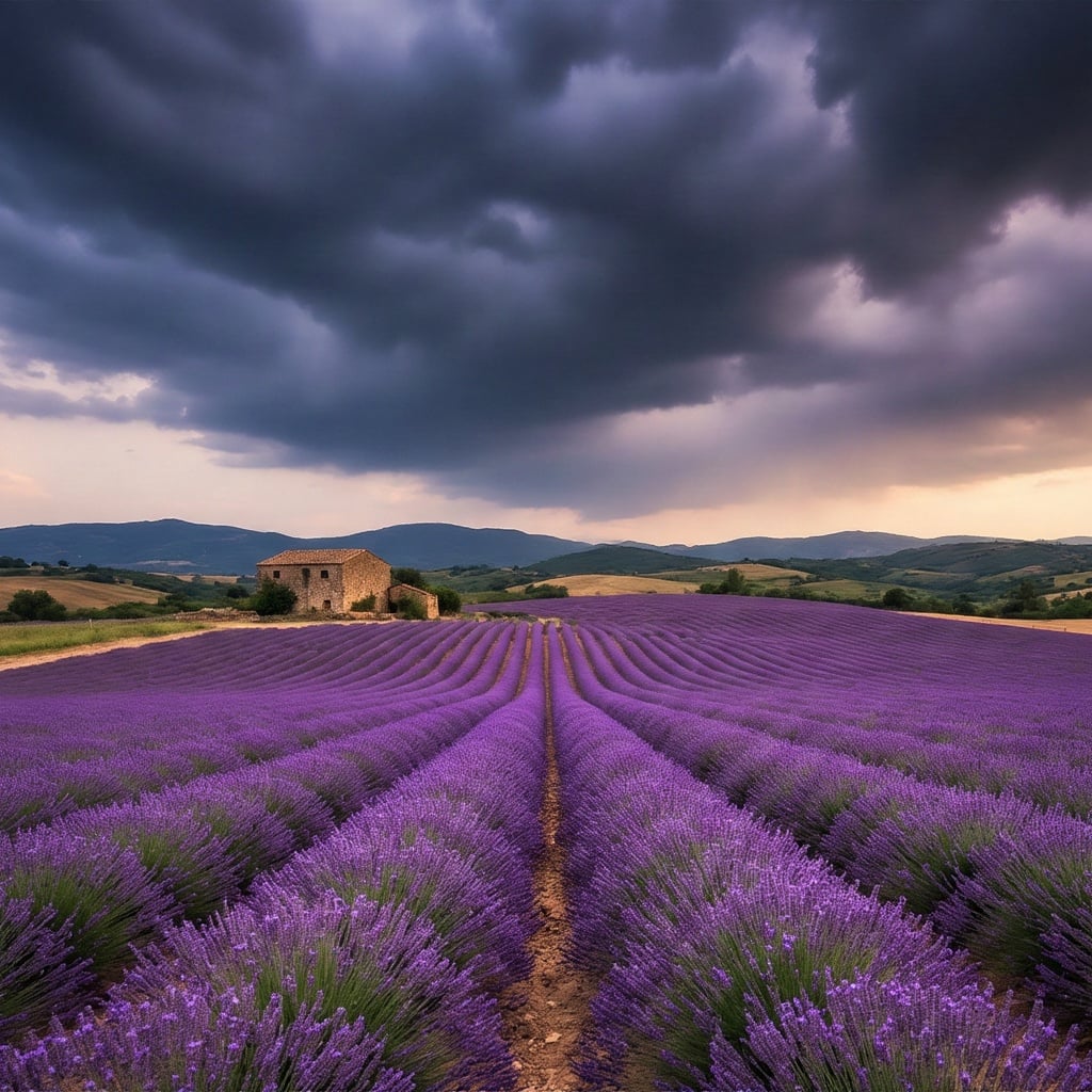 a field of lavender under a dramatic cloudy sky, rolling hills to the horizon